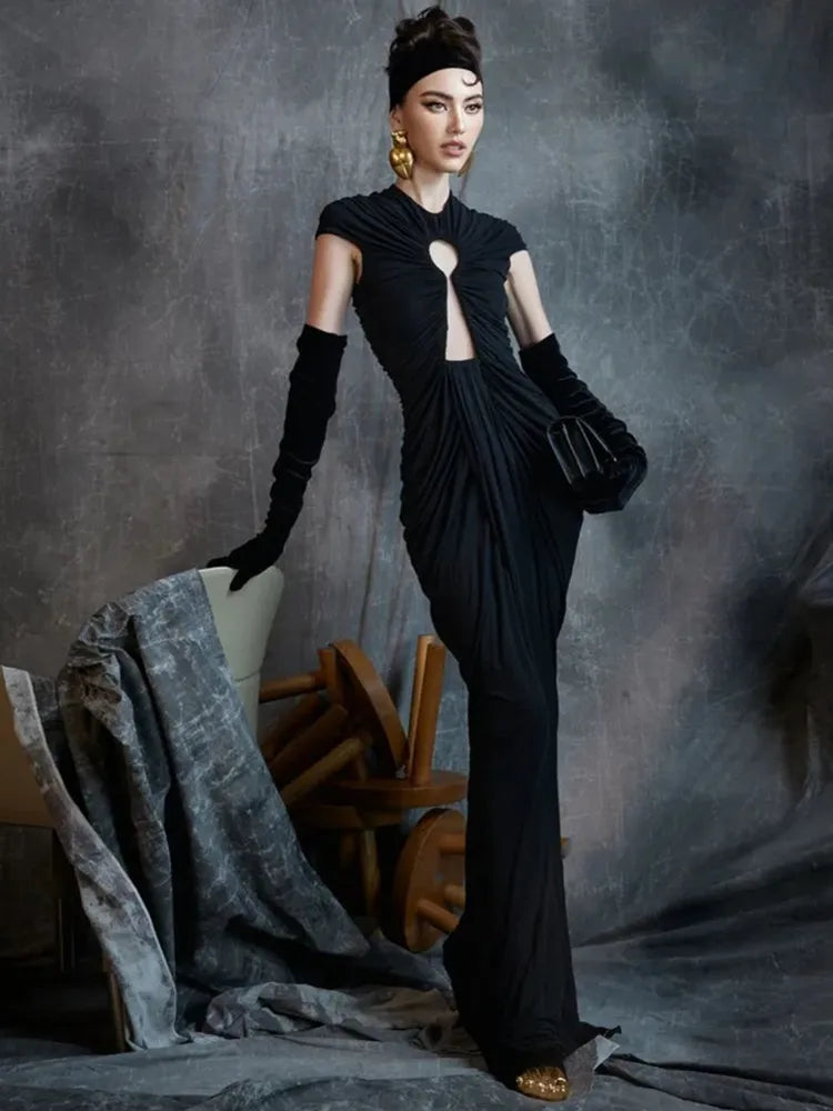 Sexy Black Mesh Ruched Bodycon Maxi Dress for Women - Elegant Club Party & Evening Gown 2025 | Perfect for Night Out, Date Night, Cocktail Parties and Special Occasions