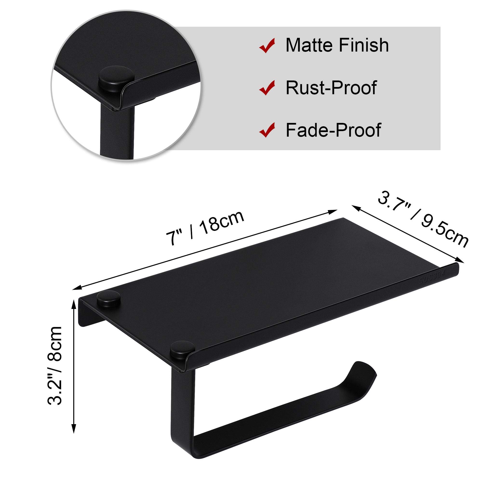 Stainless Steel Black Toilet Paper Holder with Phone Shelf - Wall Mounted Bathroom Tissue Towel Holder - Matte Finish for Modern Homes & Office Restrooms