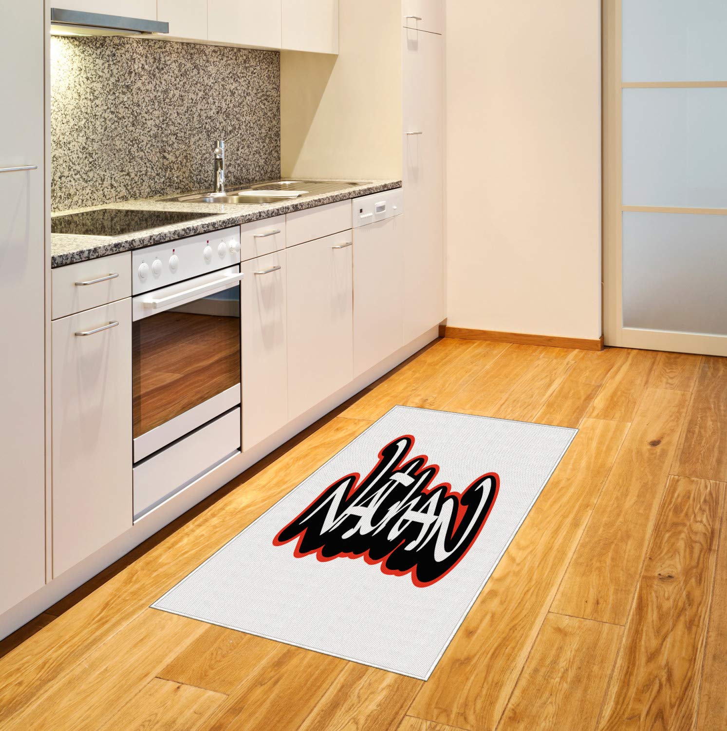 Ambesonne Nathan Area Rug - Artistic Boys Name Graffiti Wall Writing Design for Men in Doodle Style | Flat Woven Accent Rug for Living Room, Bedroom & Dining Room | 2.6 x 5 Feet in Vermilion Black & White | Perfect for Modern Home Decor, Teen Boy's Room & Office Spaces