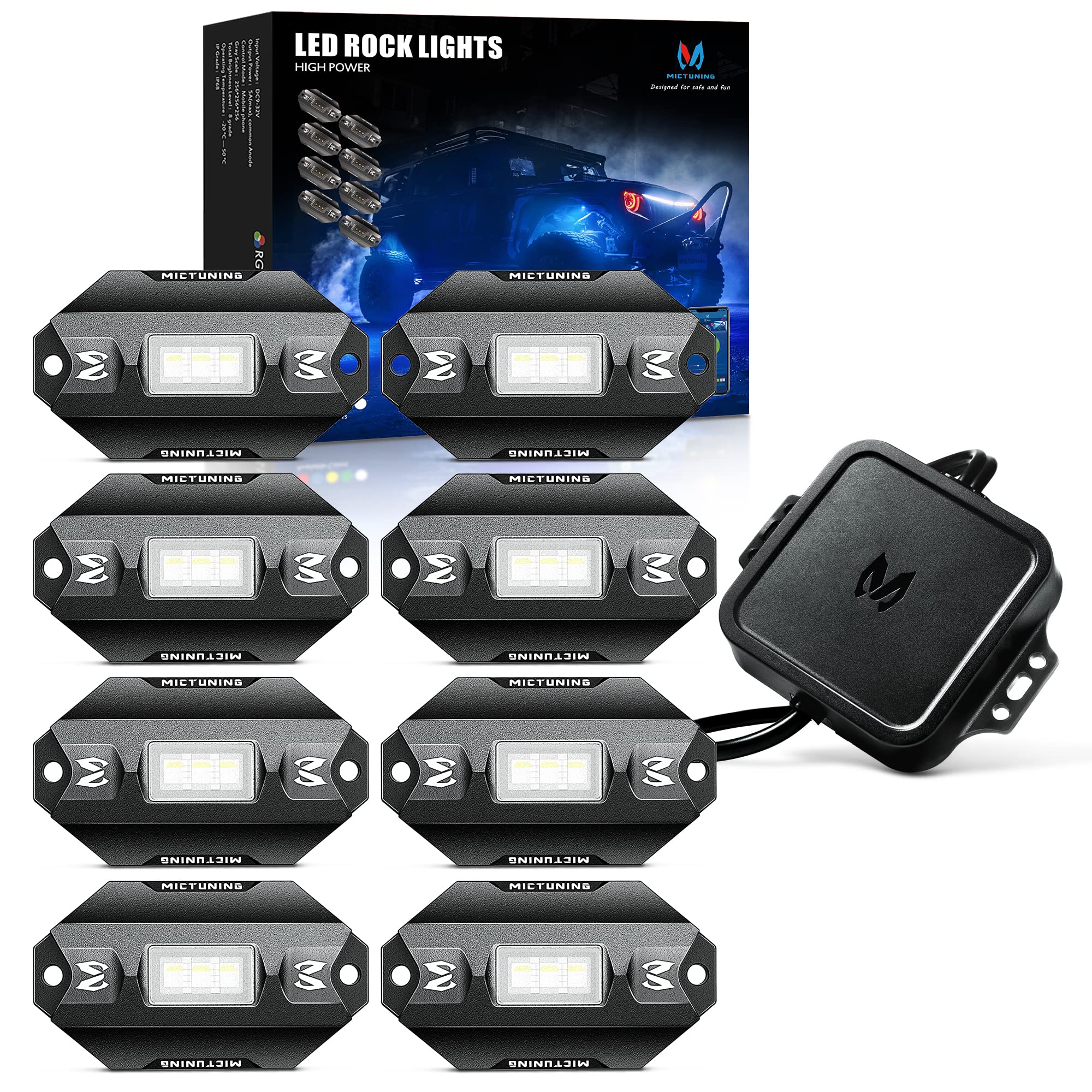 MICTUNING C1 8 Pods RGBW LED Rock Lights - Waterproof Multicolor Underglow Neon Light Kit with Bluetooth Controller & Music Sync for Trucks, Jeeps, ATVs - Perfect for Off-Roading, Car Shows & Night Driving