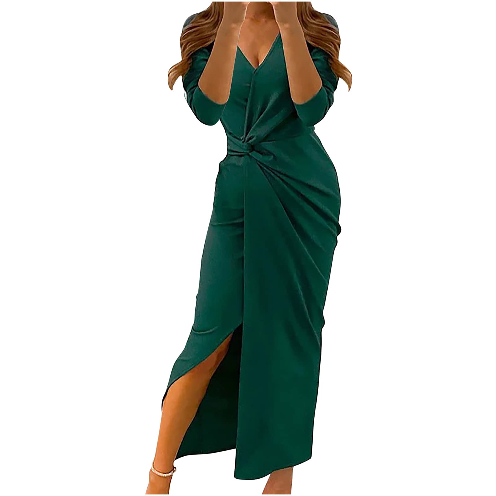 Elegant Ylyoy Women's V-Neck Long Sleeve Wrap Dress - Wedding Guest & Bridesmaid Dress with Side Slit, Bodycon Fit for Fall | Perfect for Formal Events, Cocktail Parties & Special Occasions