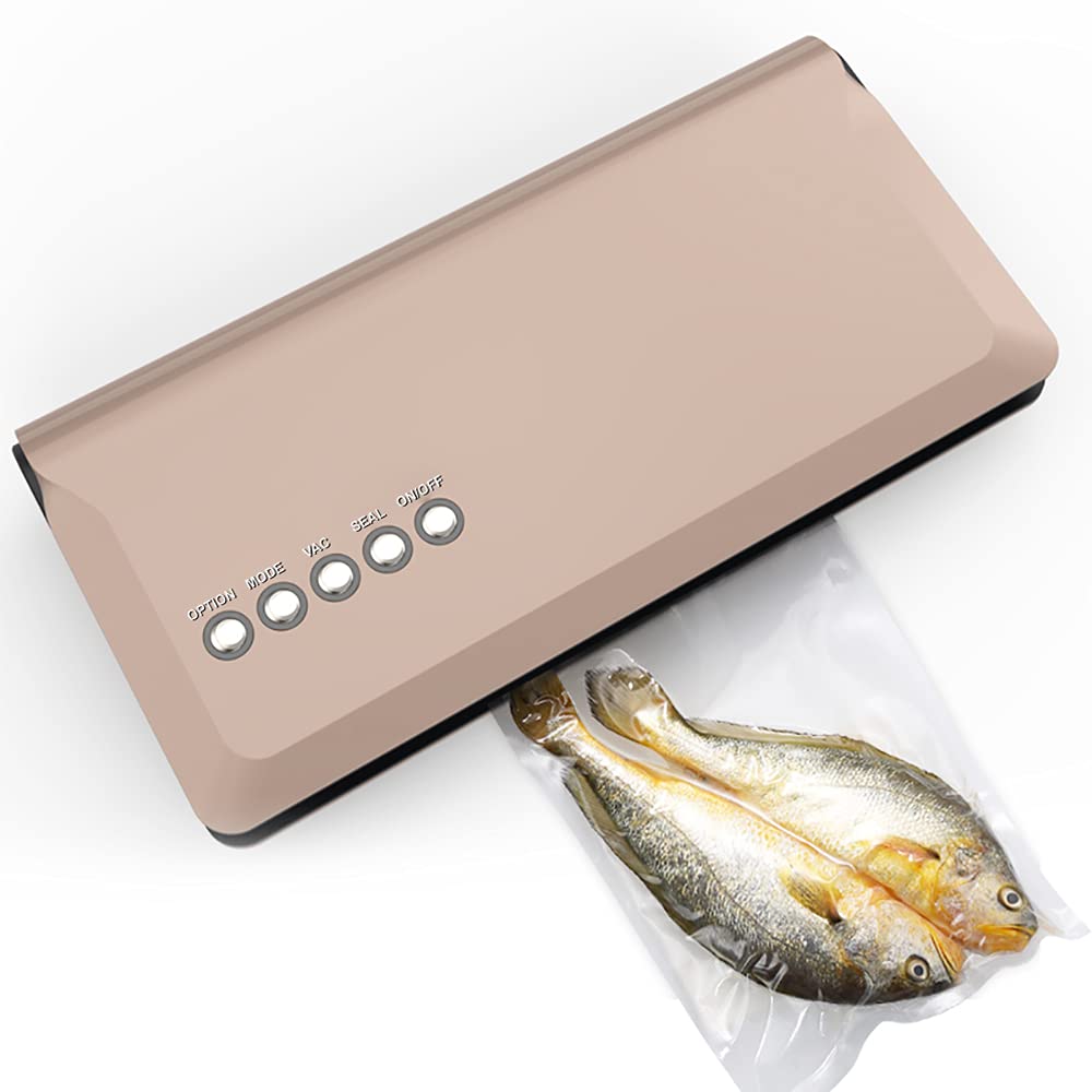 Premium 140W OOTDxvv Vacuum Sealer Machine for Food Storage - Household & Commercial Plastic Bag Sealer with External Liquid Tank, Gold (US Standard) - Perfect for Meal Prep, Sous Vide & Extending Shelf Life