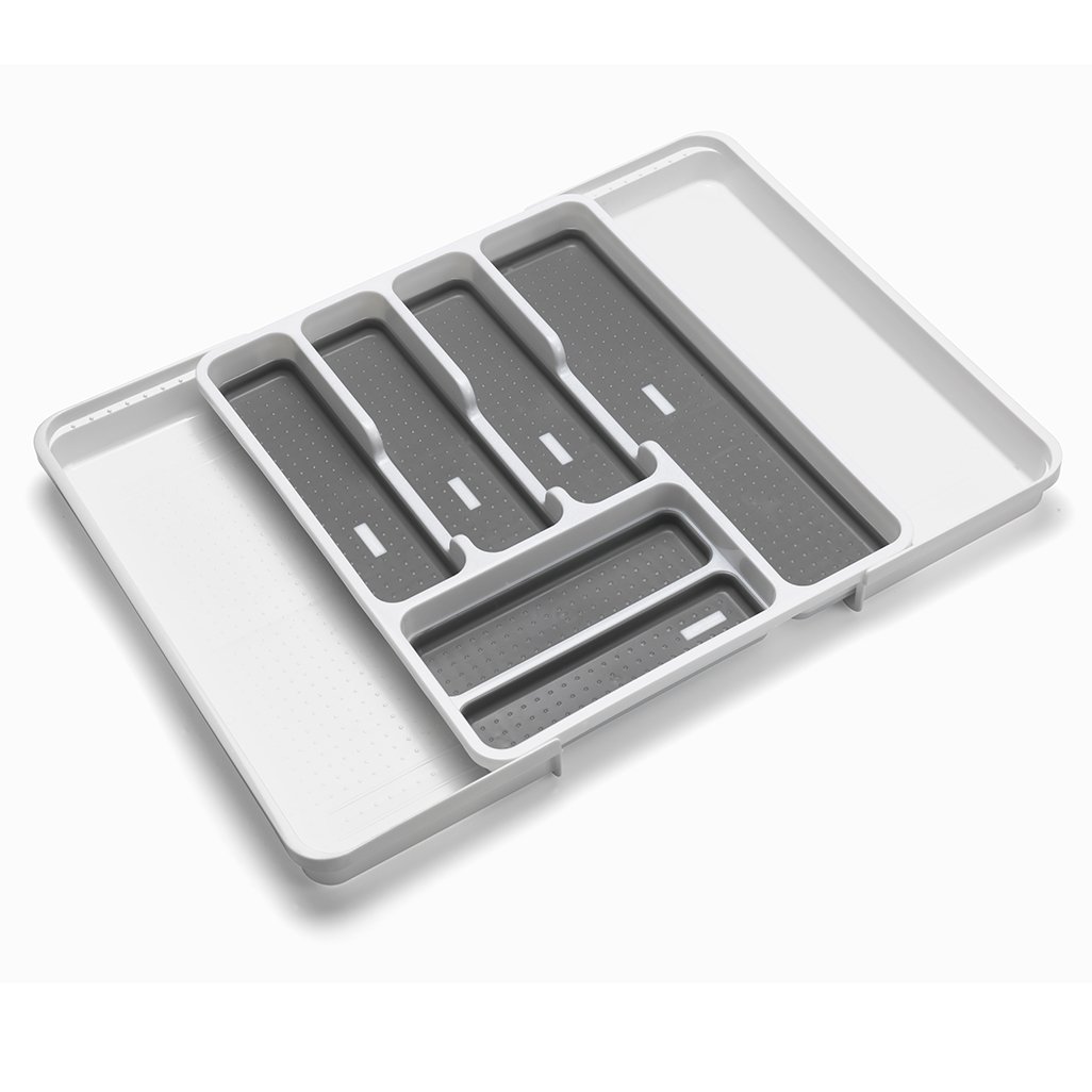 Addis Expandable Drawer Organizer for Kitchen Utensils - 6 to 8 Adjustable Compartments - White/Grey (34-58.5 x 41.5 x 5 cm) - Perfect for Cutlery, Spoons, Knives & Cooking Tools Storage