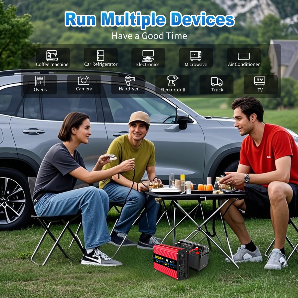 SUNWHEEL 1500W Pure Sine Wave Power Inverter - 12V DC to 110V/120V AC Converter with LCD Display & 2 Outlets for Solar Off-Grid, RV, Truck, Home Appliances (Microwave, Refrigerator, Coffee Maker, TV) - Perfect for Camping, Road Trips & Emergency Power Backup