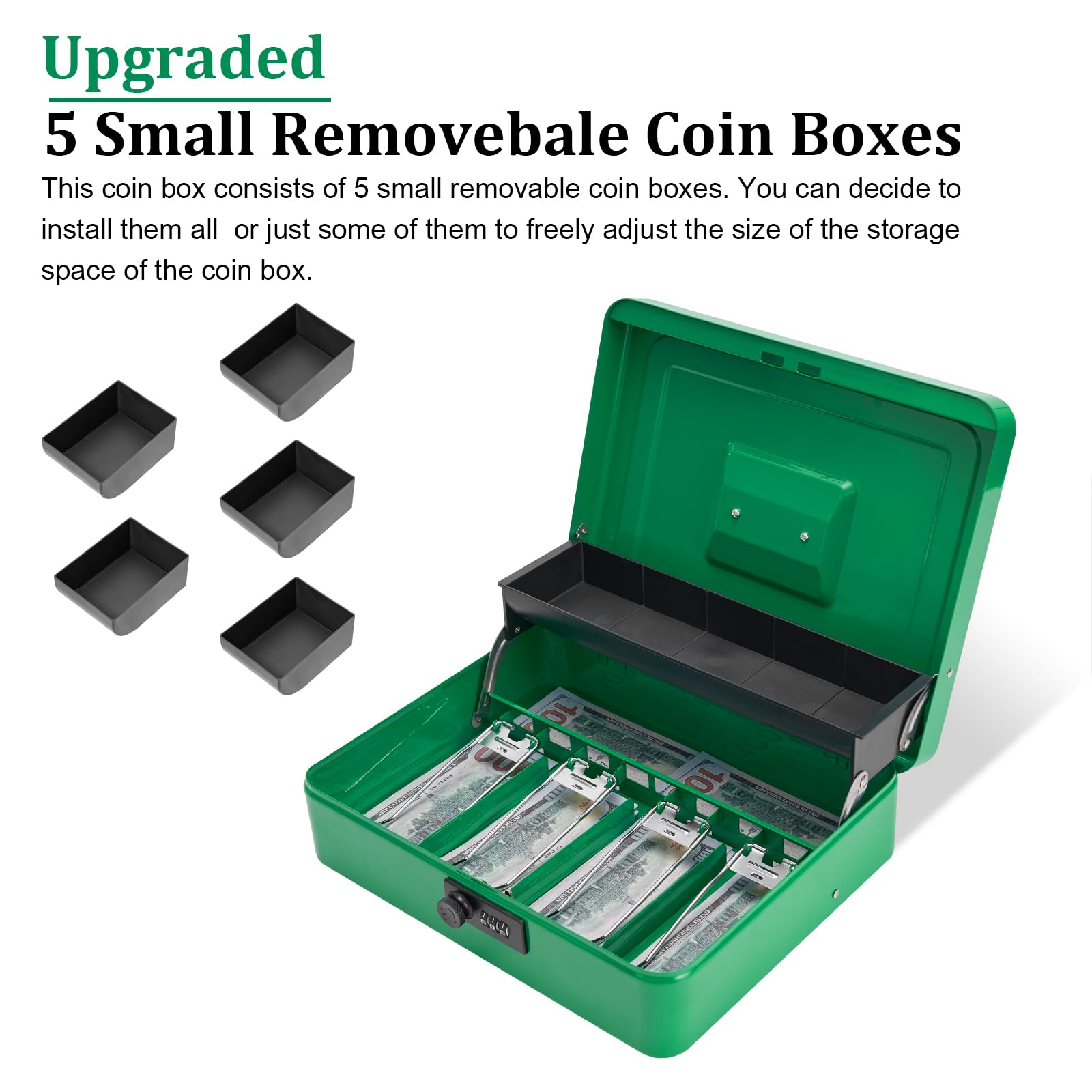 Secure Metal Cash Box with Combination Lock - Money Safe Box with Cash Tray, 4 Bill & 5 Coin Slots (11.8
