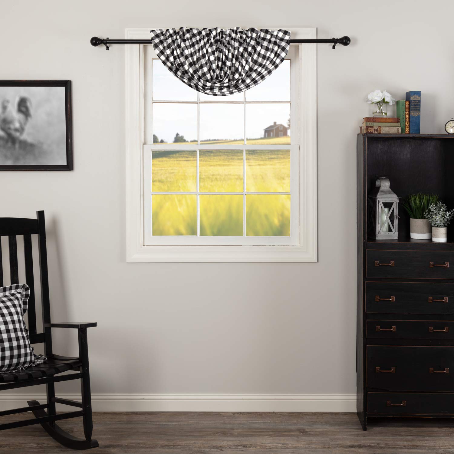 Annie Buffalo Check Cotton Farmhouse Kitchen Curtains - Black 15x60 Inch Rod Pocket Balloon Valance for Rustic Country Style Windows | Perfect for Farmhouse, Cottage & Country Kitchen Decor