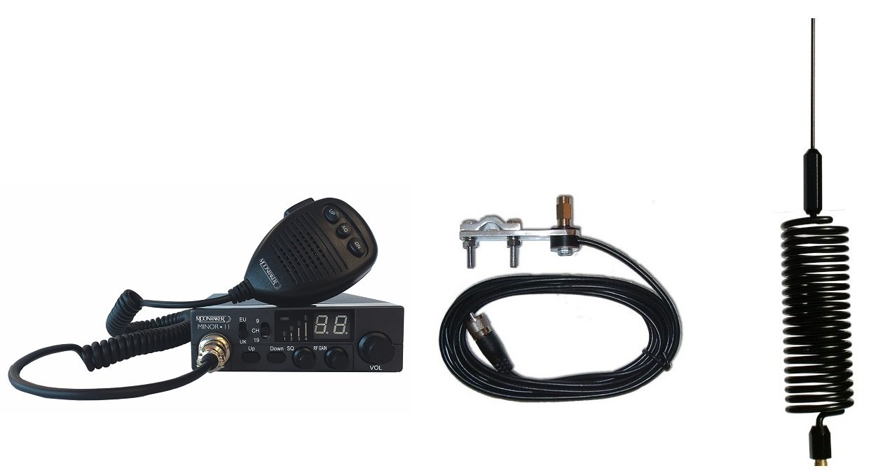 Moonraker Minor II Plus 80ch CB Radio & Antenna Kit - 12V/24V CB Radio with Black Mini Tornado Antenna & Mirror Mount for Truckers & Off-Road Adventures