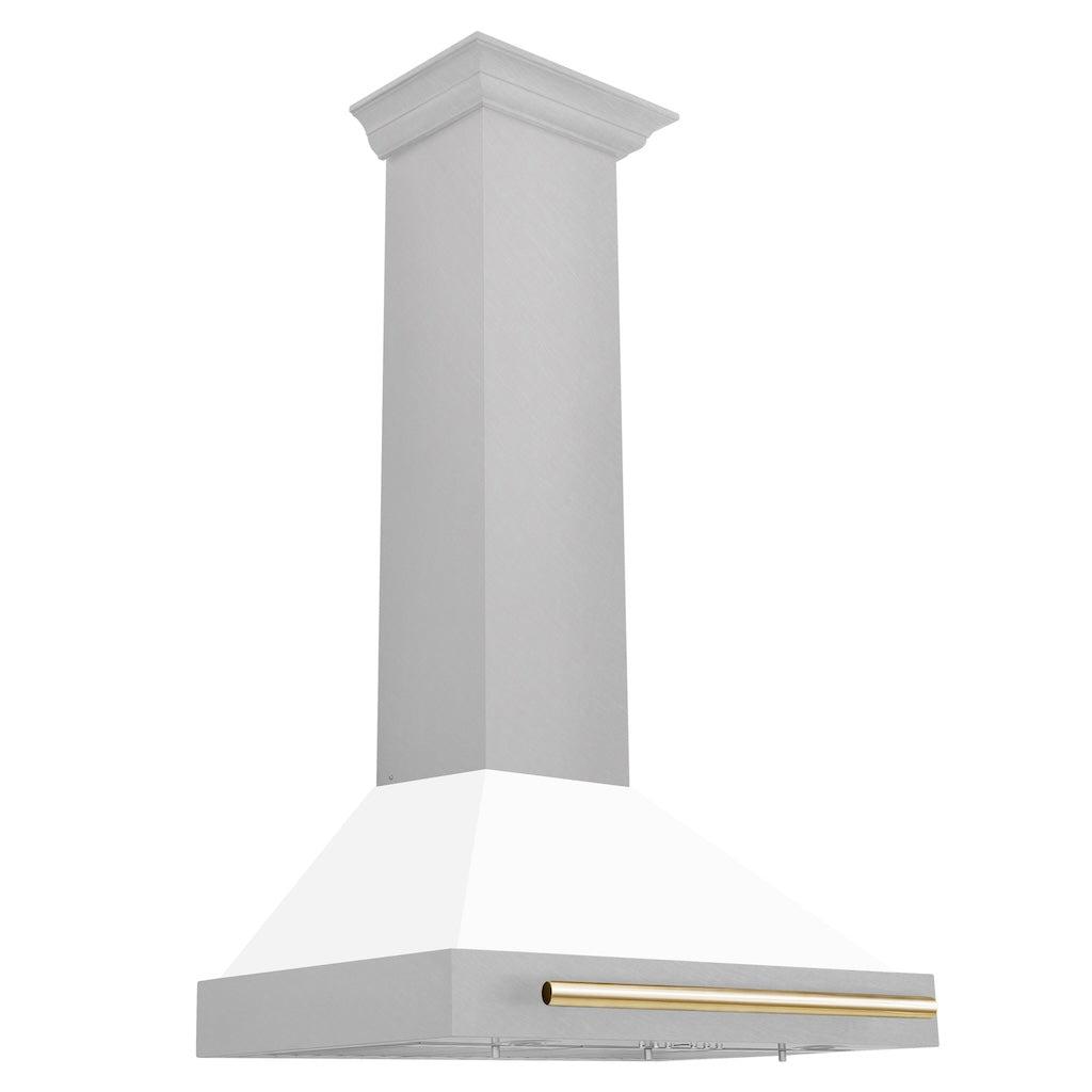 ZLINE KB4SNZ WM30 G 30-Inch Convertible Wall Mount Range Hood - Satin Stainless Steel with White Matte Shell & Polished Gold Handle - Autograph Edition - Perfect for Modern Kitchens & Open-Concept Homes