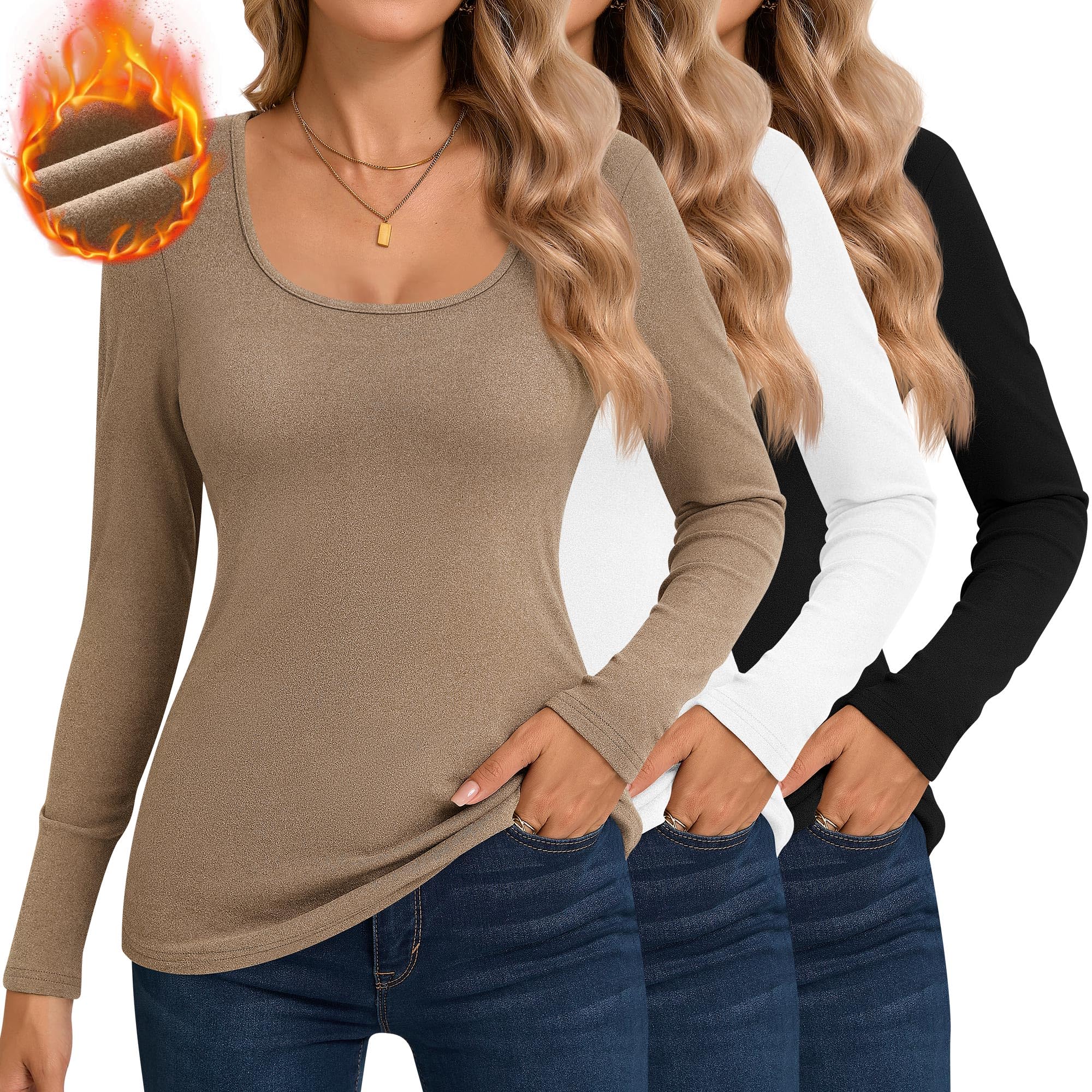 Ficerd 3 Pack Women's Thermal Long Sleeve Shirts - Fleece Lined Scoop Neck Stretch Fitted Tops for Winter, Base Layer Underwear - Perfect for Cold Weather, Layering & Outdoor Activities