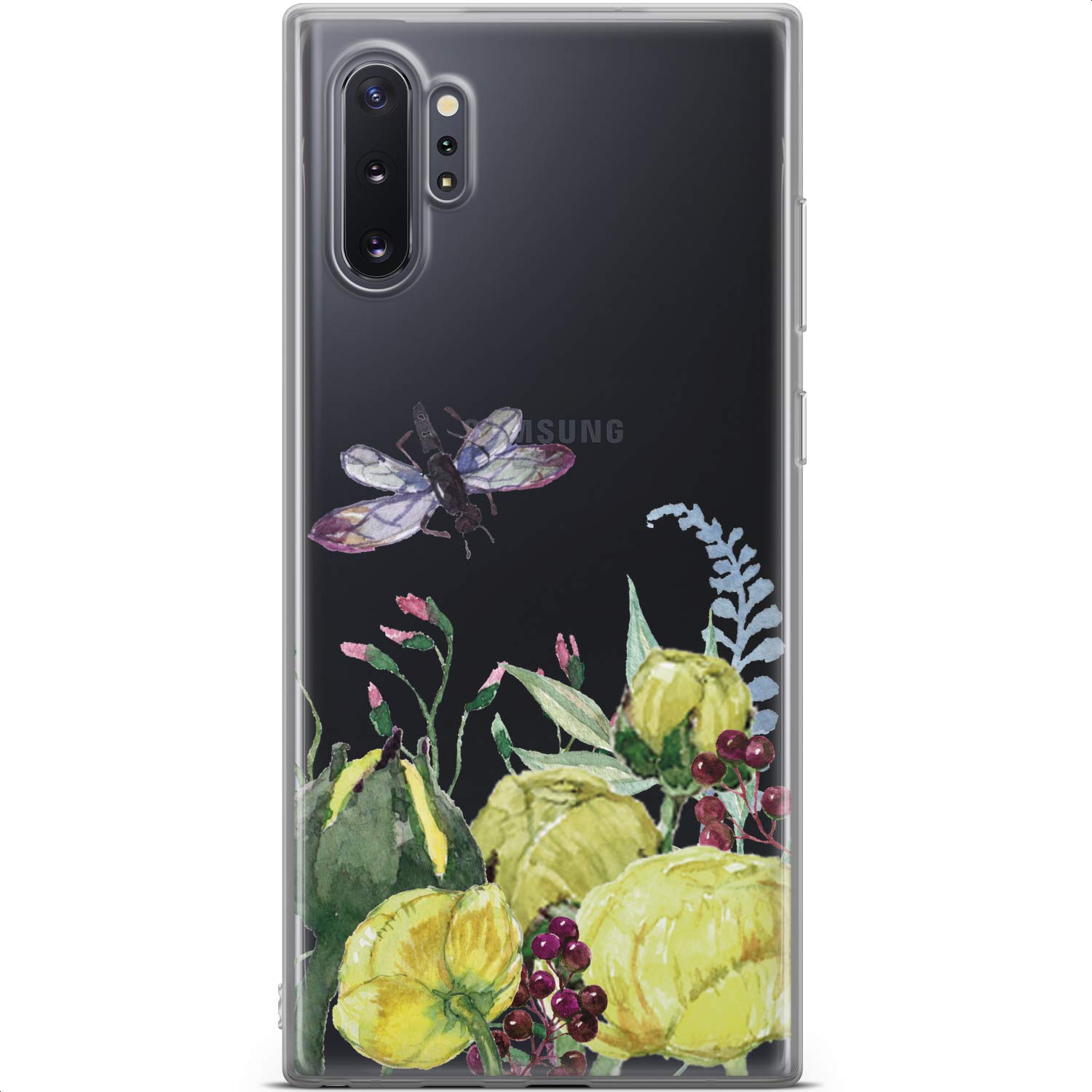 Samsung Galaxy S24 S23 Ultra S22 5G Plus S21 FE S20 S10 Phone Case - Floral Dragonfly TPU Protective Cover with Green Peony & Ranunculus Design | Slim Lightweight Silicone Case for Everyday Protection & Style