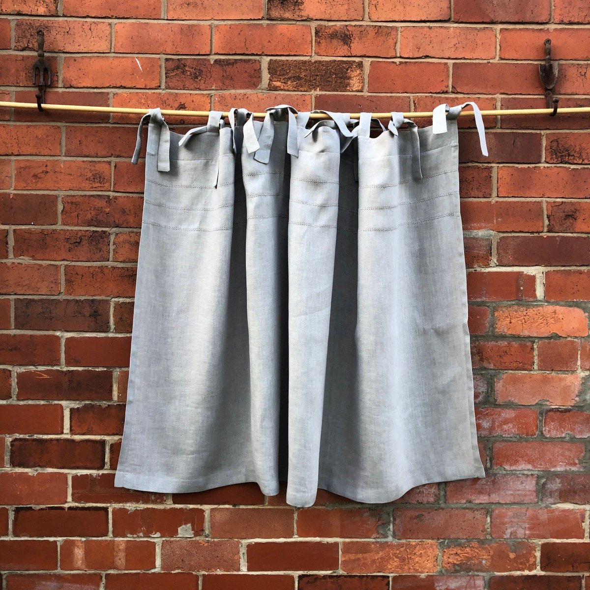 Hoole Grey Linen Hemstitch Small Tie Top Curtain - Elegant Window Treatment for Living Room, Bedroom & Kitchen Decor