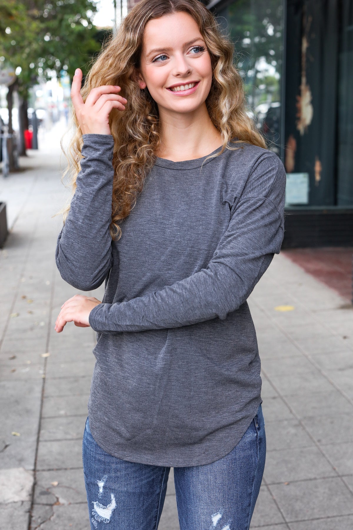 Stylish Solid Grey Fitted Long Sleeve Terry Pullover Sweatshirt for Women | Cozy Casual Wear for Fall & Winter | Perfect for Lounging, Running Errands & Coffee Dates