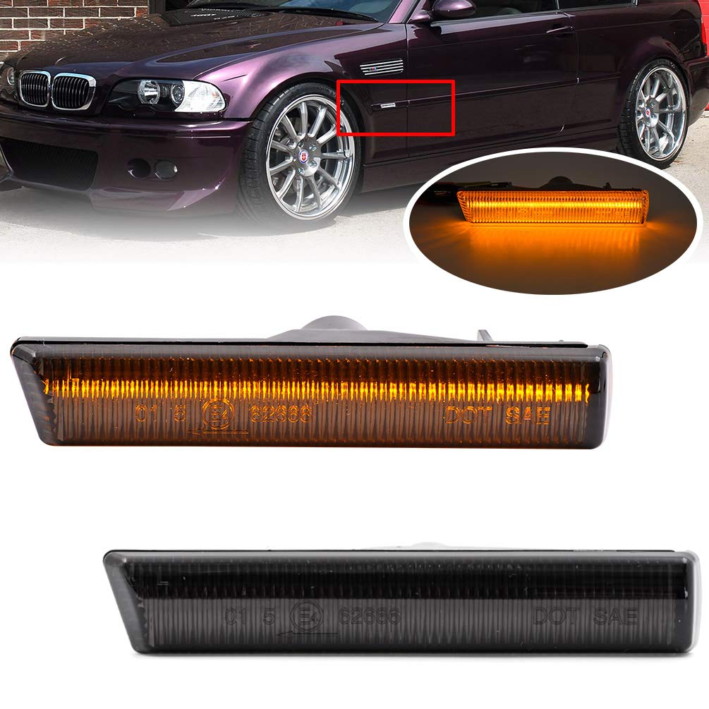 Smoked Lens Side Marker Lights for 2001-2006 BMW 3 Series E46 M3 Coupe/Convertible - Amber Turn Signal Side Repeater Lamps Kit - Easy Installation & Enhanced Visibility for Night Driving