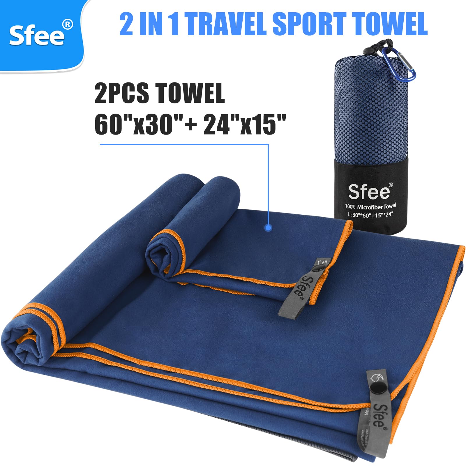 Sfee 2 Pack Microfiber Travel Towel - Quick Dry, Super Absorbent & Lightweight Camping, Beach & Sports Towel for Gym, Hiking, Pool, Backpacking, Bath & Yoga | Perfect for Outdoor Adventures, Travel & Fitness Activities