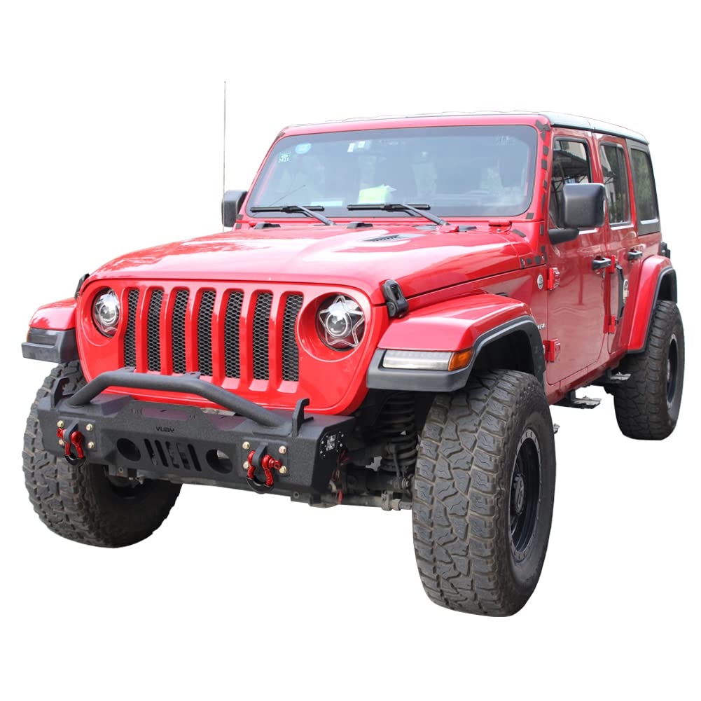 Heavy Duty Stubby Front Bumper for 2007-2025 Jeep Wrangler JK/JKU/JL/JLU & 2020-2024 Gladiator JT Truck - Winch Ready with 2x 24W LED Lights & 2x 4.75T D-Rings - Off-Road Protection & Adventure Upgrade