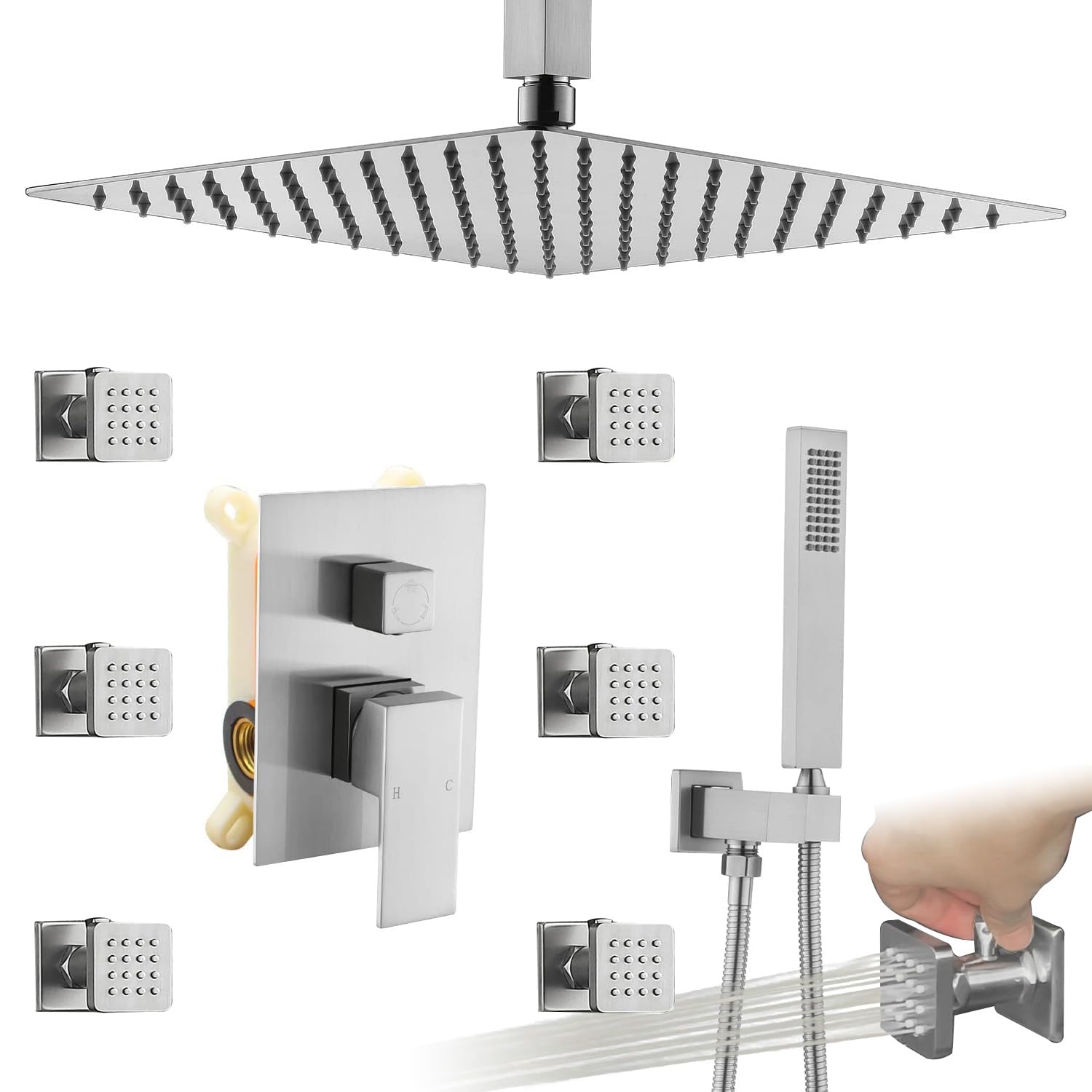 Upgraded Enga Luxury High Pressure Shower System - 12 Inch Rainfall Shower Head & Handheld Combo Set - All Metal Brushed Nickel Finish - Perfect for Spa-Like Bathroom Experience & Relaxing Shower Sessions