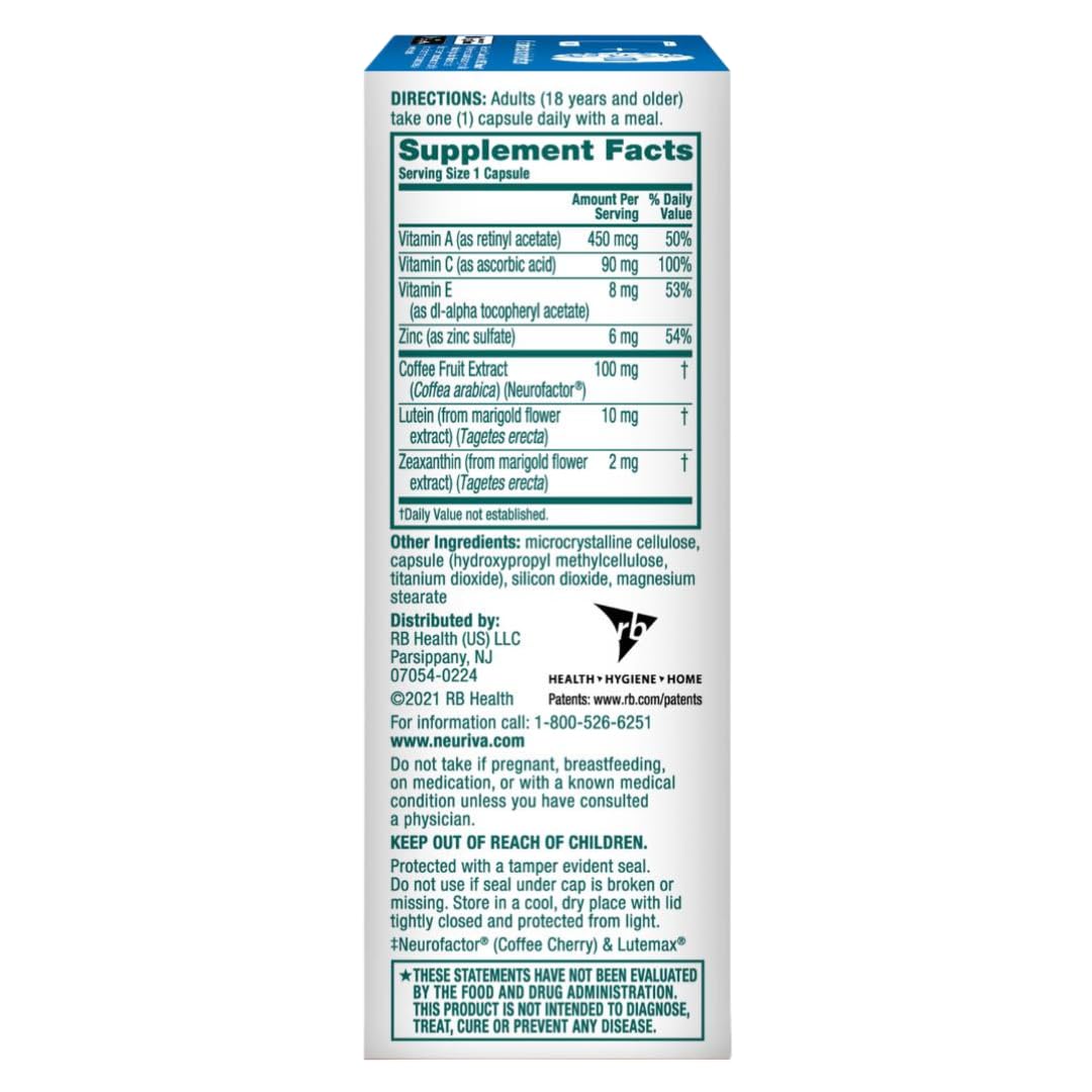 NEURIVA Brain & Eye Supplement for Memory, Focus & Concentration - Clinically Proven Lutein & Zeaxanthin with Vitamins A, C, E + Zinc - Supports Eye Health & Blue Light Protection - 30 Capsules (3 Pack) - Ideal for Students, Professionals & Gamers
