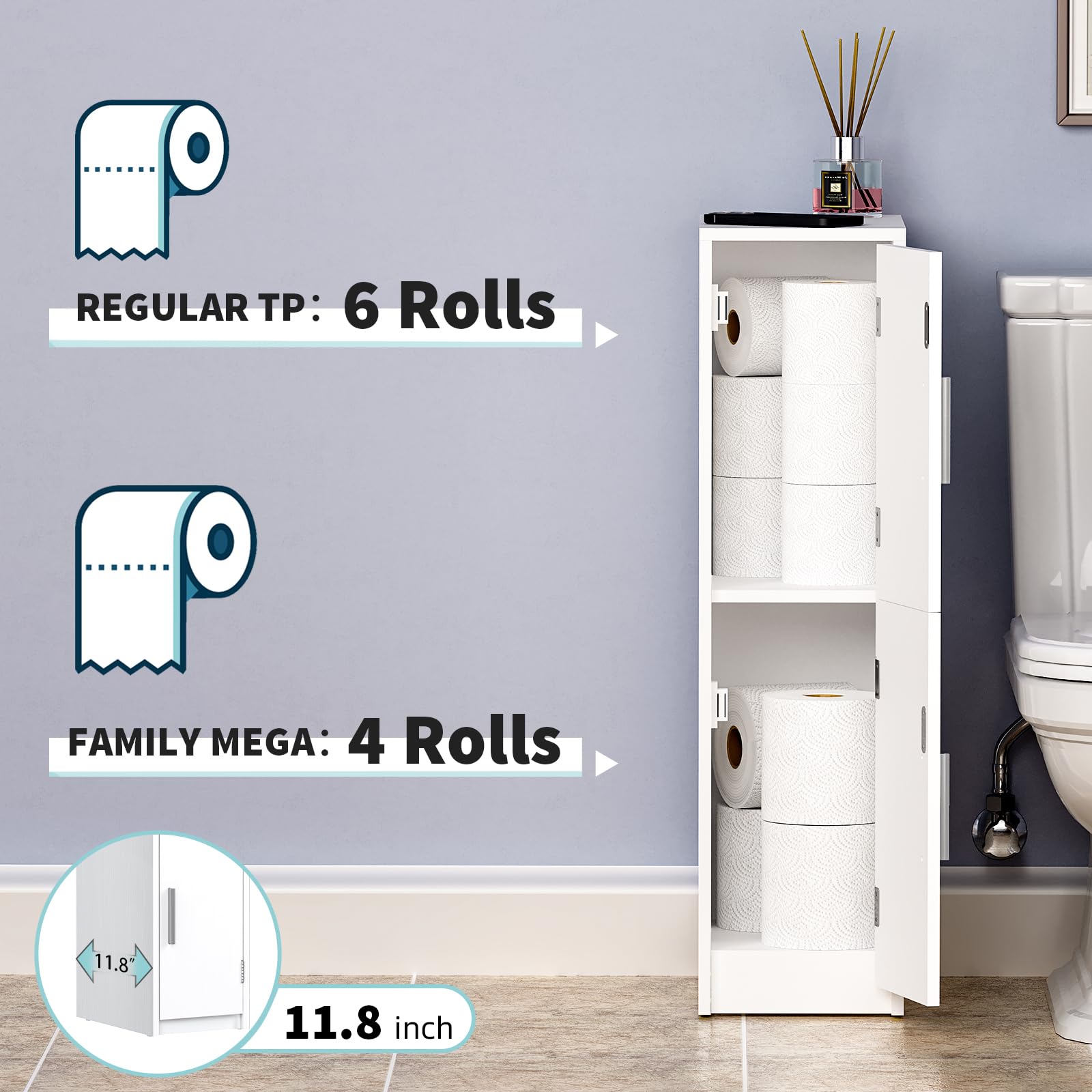 MOHOPE Small Bathroom Storage Cabinet with 2 Doors & Adjustable Shelf - White Narrow Floor Cabinet for Toilet Paper & Bath Essentials - Perfect Space-Saving Organizer for Compact Bathrooms, Apartments & Powder Rooms