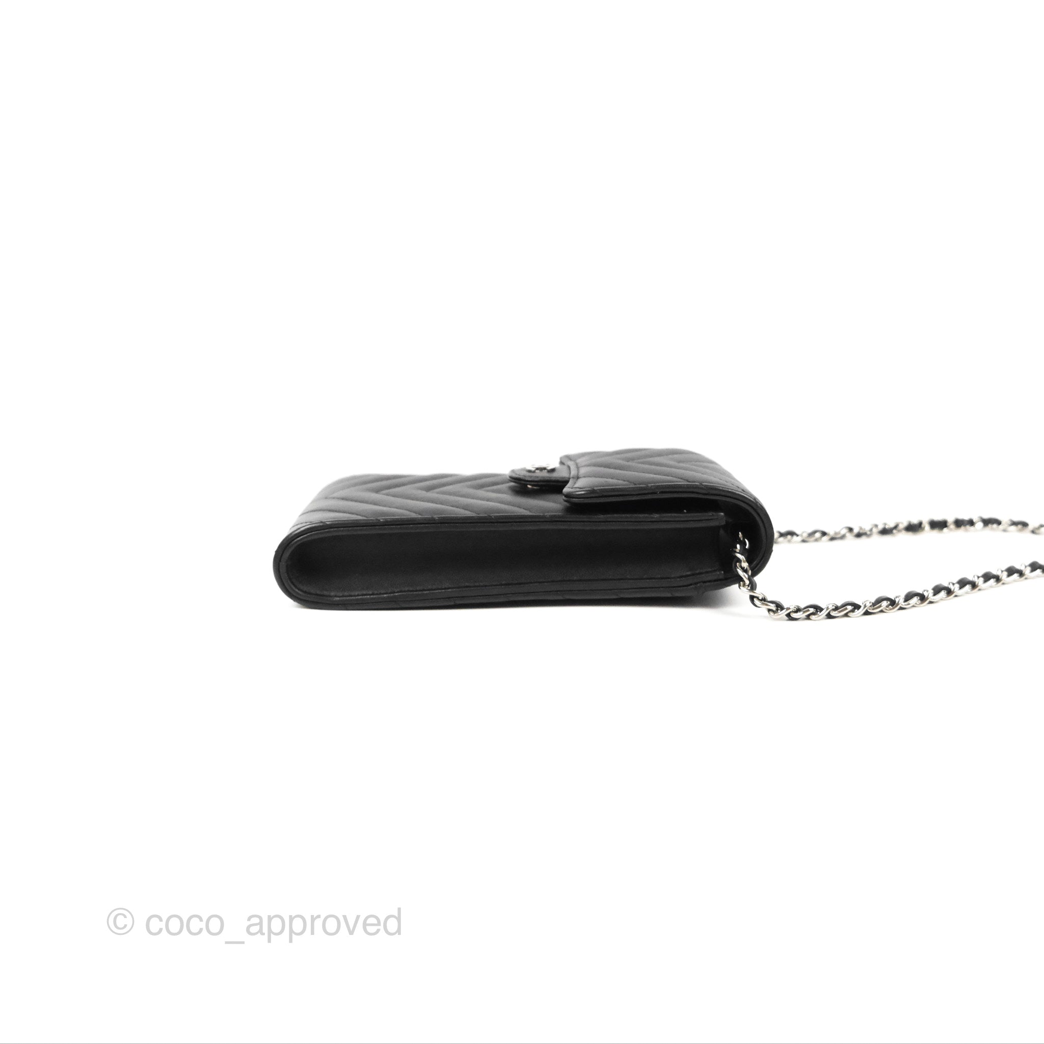Chanel Classic Chevron Phone Holder - Black Calfskin with Silver Hardware | Luxury Phone Accessory for iPhone & Samsung | Perfect for Office, Travel & Daily Use