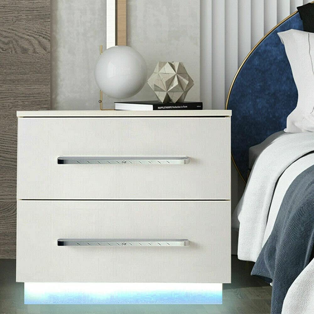 Modern White High Gloss LED Nightstand with 2 Drawers - ADHW Bedside Table with Touch Control for Bedroom, Living Room & Office