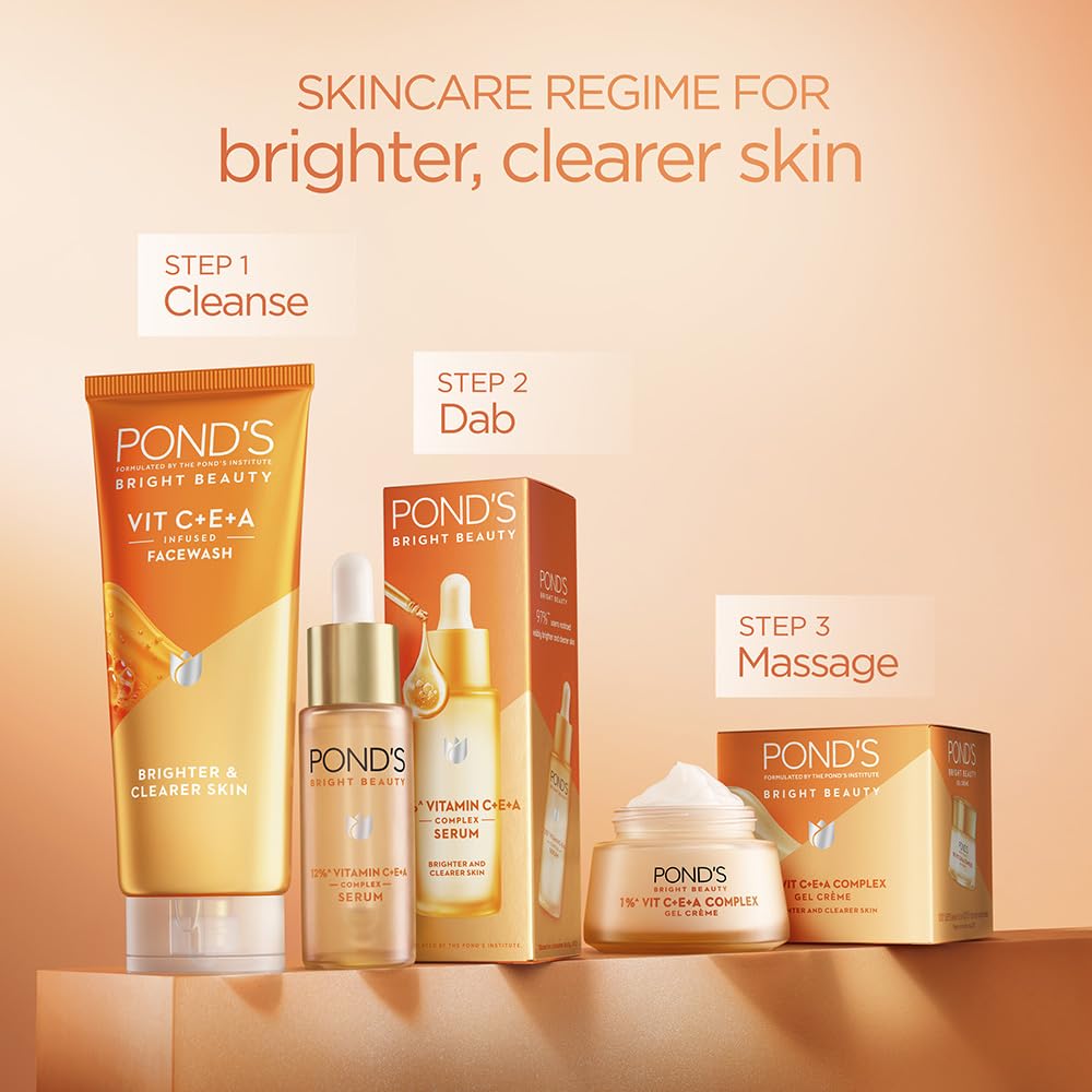 POND'S Bright Beauty Vitamin C+E+A Gel Face Wash 50ml - Brightening & Anti-Aging Facial Cleanser for Glowing Skin - Perfect for Morning & Night Skincare Routine