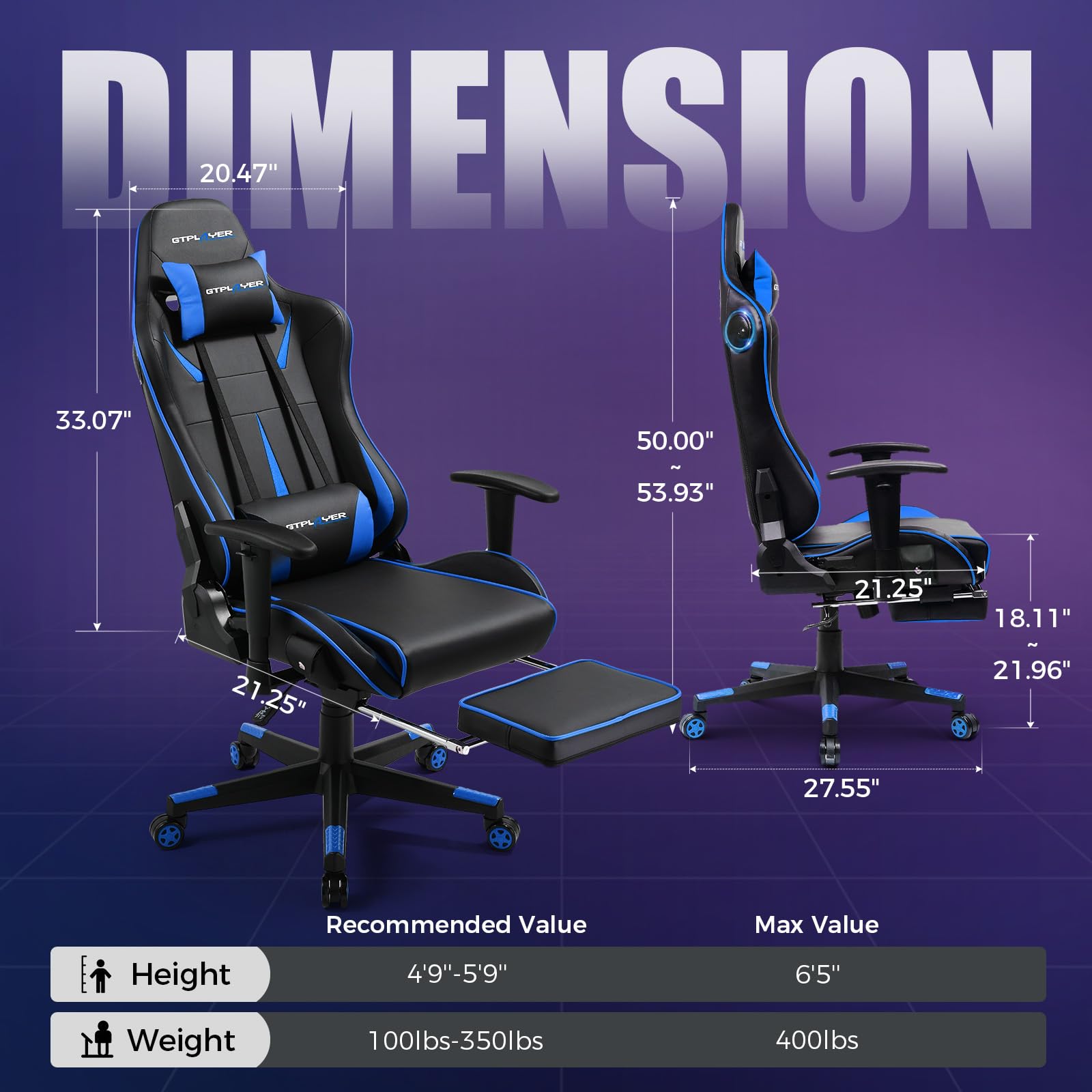 GTPLAYER Bluetooth Gaming Chair with Built-in Speakers - Ergonomic Reclining Video Game Chair for Adults & Kids - Adjustable Height, Lumbar Support & Footrest - Perfect for PC Gaming, Console Gaming & Home Office (Blue)