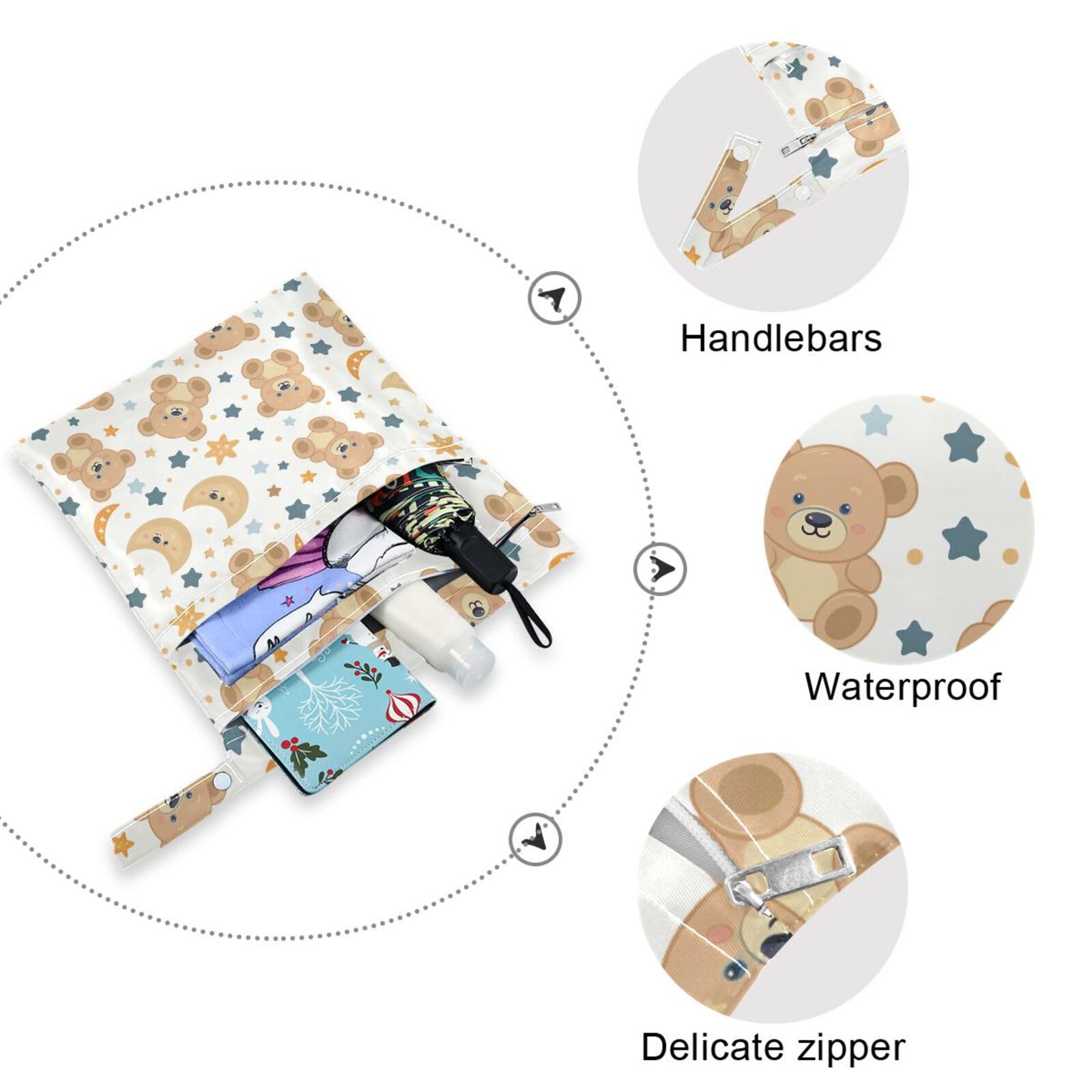 Waterproof Wet Dry Bag Set of 2 - Kawaii Teddy Bear & Stars Moon Design for Diapers, Swimsuits & Gym Clothes | Ideal for Travel, Beach, Pool & Baby Care Essentials Storage