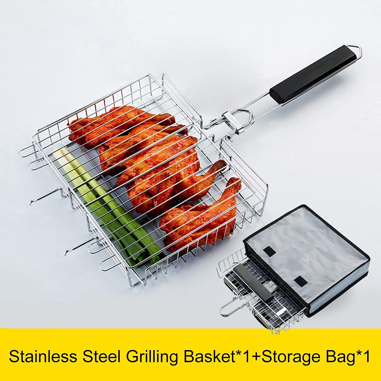 Stainless Steel BBQ Grill Basket - Large 3-Notch Fish Grilling Basket with Anti-Scalding Handle, Portable & Removable with Carry Bag - Perfect for Outdoor Camping, Picnics, and Backyard Barbecues