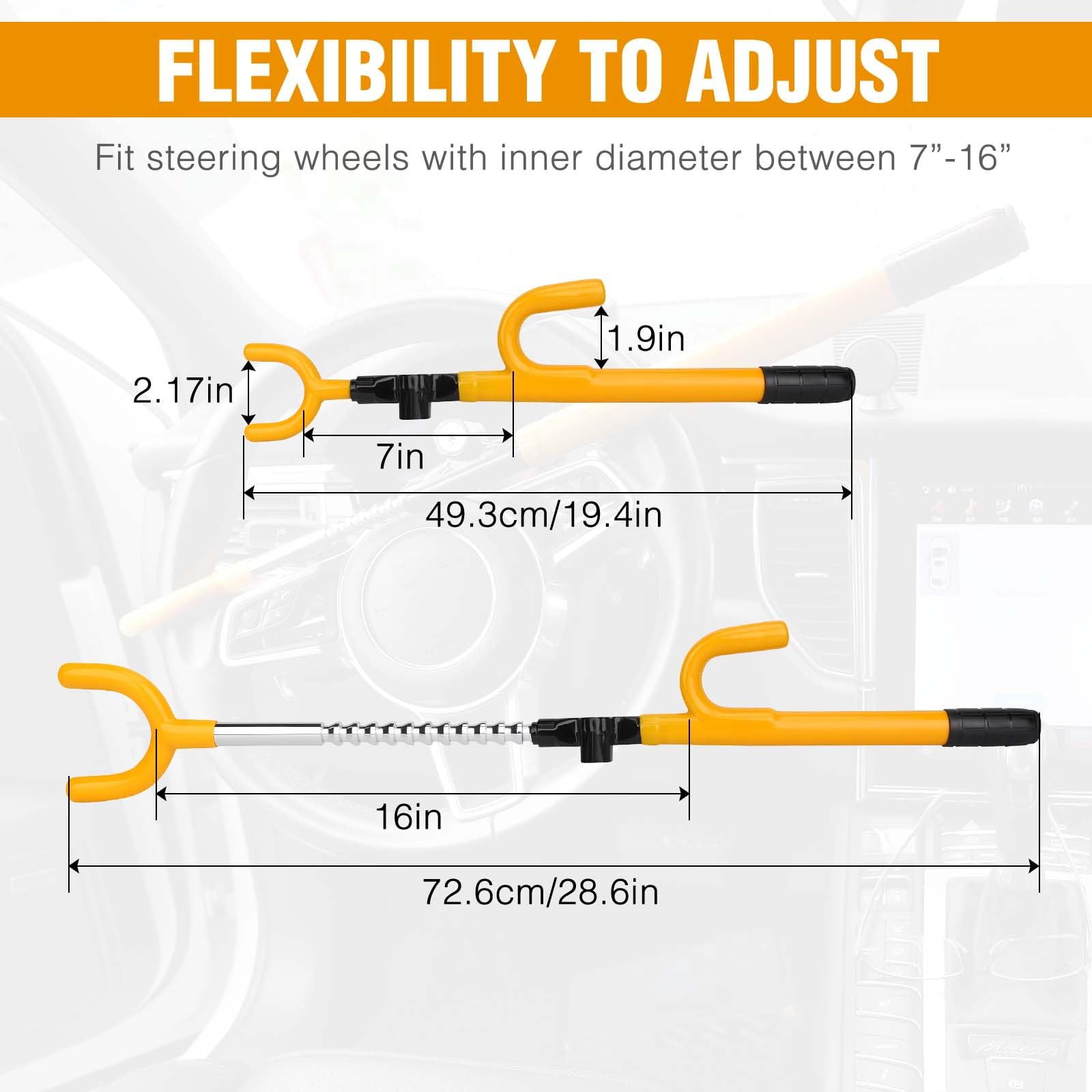 Mirunny Adjustable Steering Wheel Lock Anti-Theft Device for Cars, Trucks, Vans & SUVs - Heavy Duty Vehicle Security Protection for Parking & Travel Safety