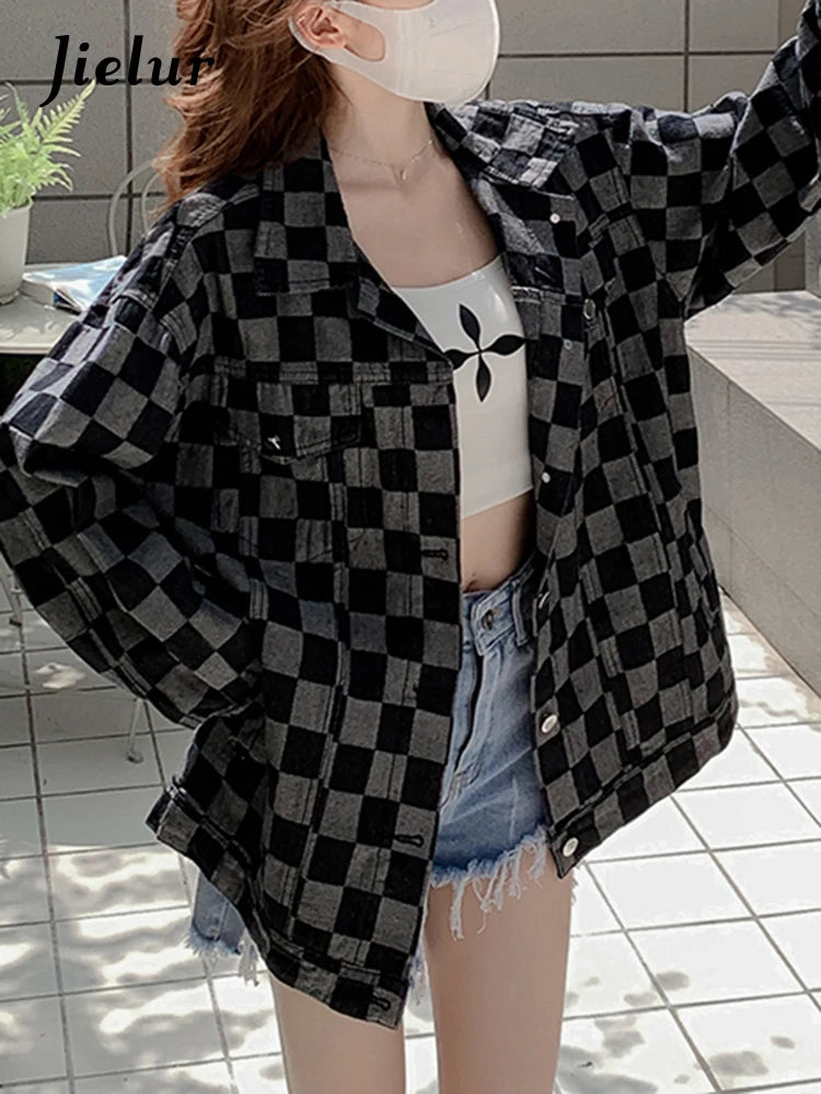 Women's Autumn Black Denim Coat - Korean Style Checkerboard Print Casual Loose Fit Retro Blue Jacket | High Street Fashion for Fall Outfits, Date Nights & Streetwear Looks