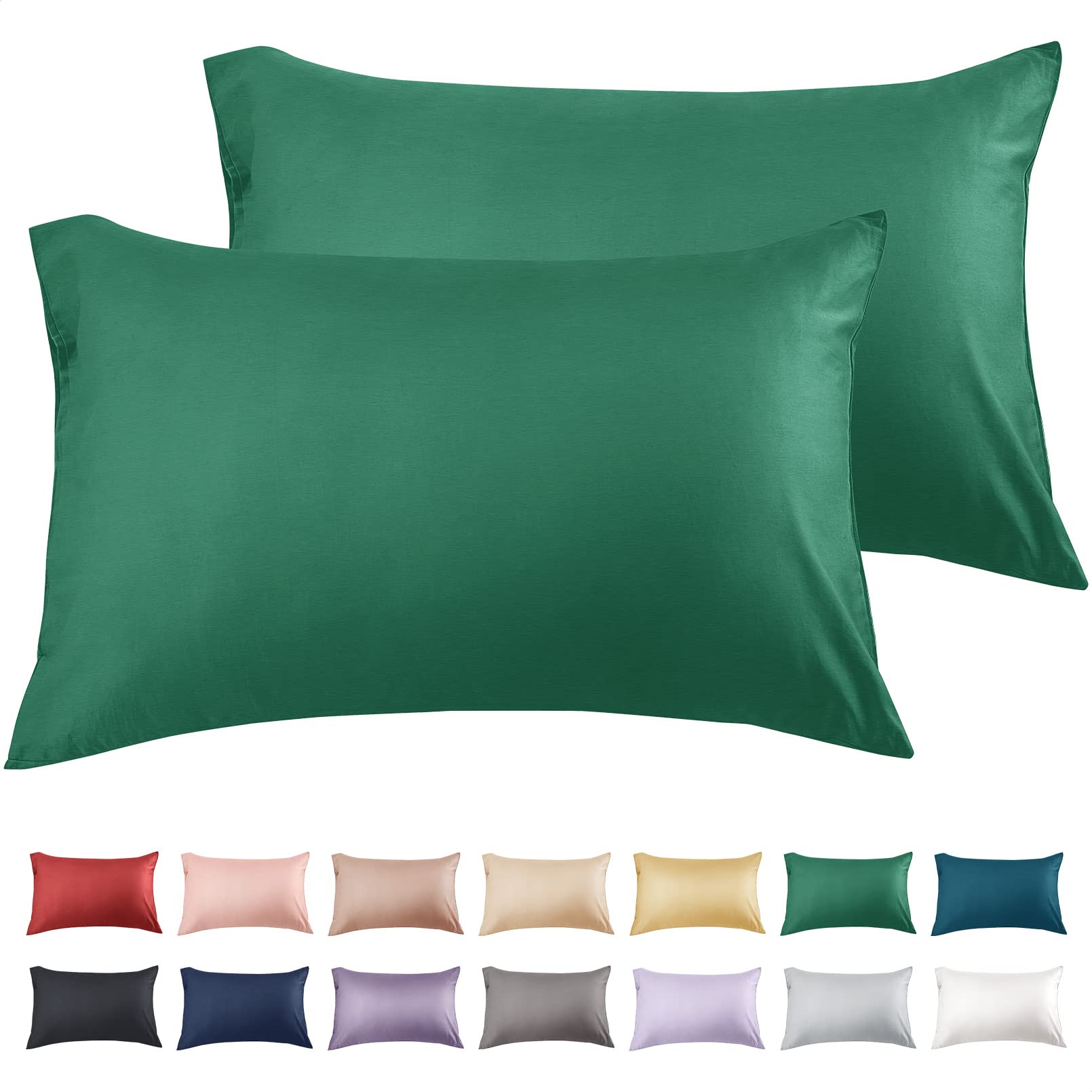 Premium 600 Thread Count Cotton Pillowcases Set of 2 - 20x26 Inches Standard Size, Soft Long Staple Breathable Pillow Covers with Envelope Closure in Dark Green - Perfect for Bedroom, Guest Room & Hotel Use