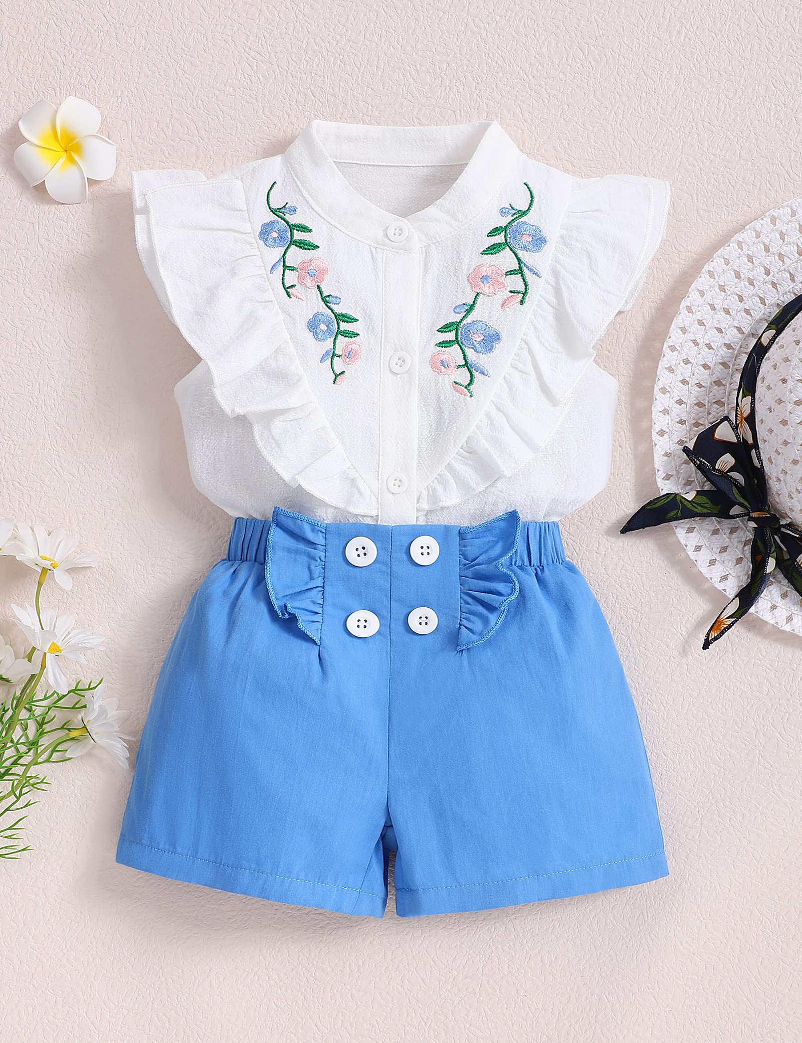 OKLady Toddler Girl Clothes Set - Floral Embroidery Ruffle Top & Shorts Outfit for Baby Girls | Perfect for Spring Playdates, Birthday Parties & Photo Shoots