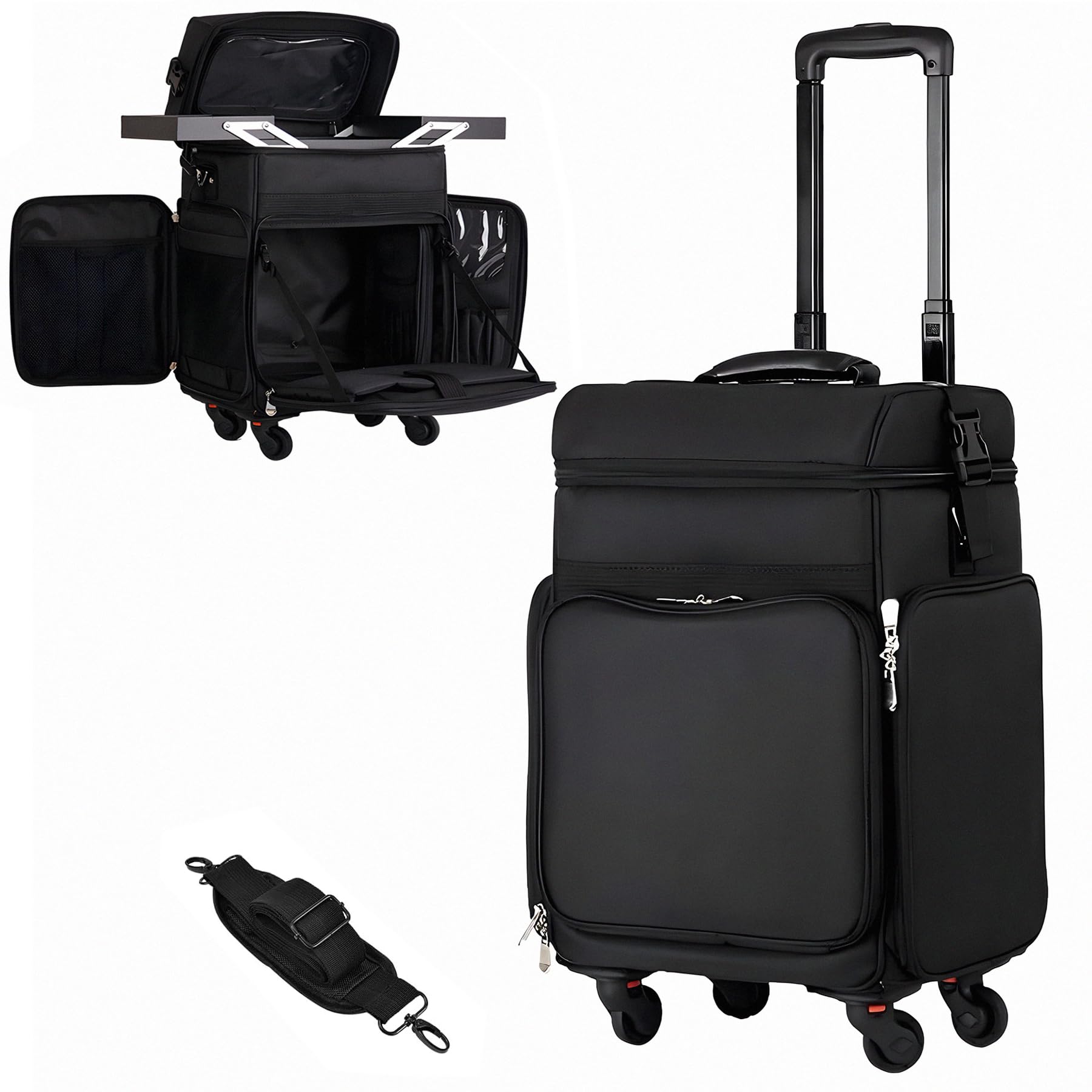 Professional Rolling Makeup Case with 2 Trays & 4 Silent Wheels - Portable Makeup Organizer for Hairstylists, Nail Salons & Beauty Professionals - Perfect for Travel, Salon Storage & Mobile Makeup Services (Black)