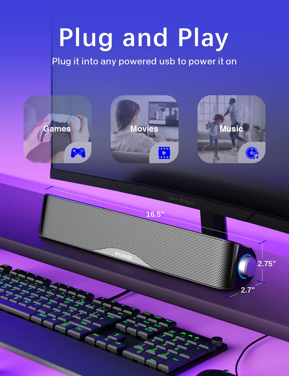 HiFi Sound Quality Computer Sound Bar - USB Powered PC Speakers with Bluetooth 5.0 & 3.5mm Aux-in for Desktop, Laptops, PCs, Phones, Tablets, Xbox - Ideal for Gaming, Home Office, and Entertainment