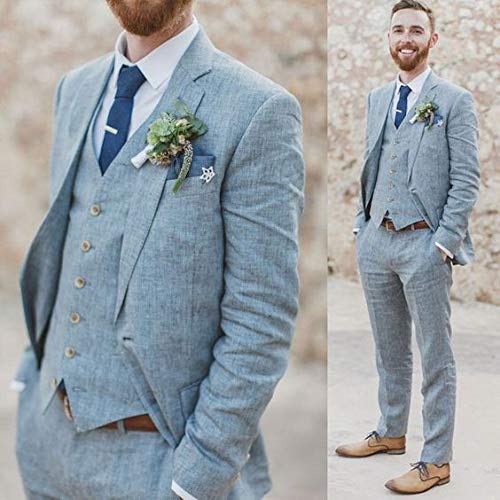 **Men's 3-Piece Retro Linen Wedding Suit Set - Grooms Blazer, Vest & Pants for Beach & Summer Weddings - Perfect for Outdoor Ceremonies & Formal Events**