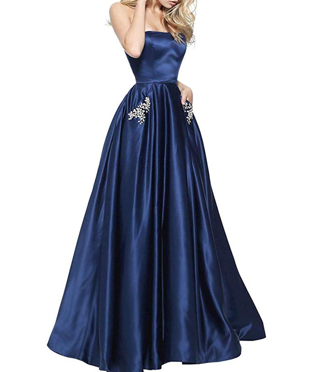 Elegant Strapless Satin Prom Dress for Women - Long Beaded Evening Gown with Pockets | Perfect for Formal Events, Homecoming, Weddings & Special Occasions