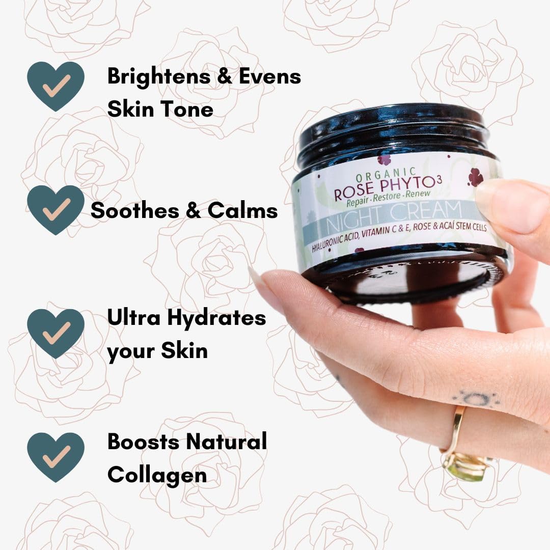 Organic Rose Phyto³ Night Cream with Hyaluronic Acid - Anti-Aging Face Moisturizer for Women - Wrinkle Cream with Rose Water, Vitamin C & E, and Acaí Stem Cells (2 fl. Oz) | Hydrating Night Treatment for Dry Skin, Perfect for Evening Skincare Routine & Anti-Wrinkle Care