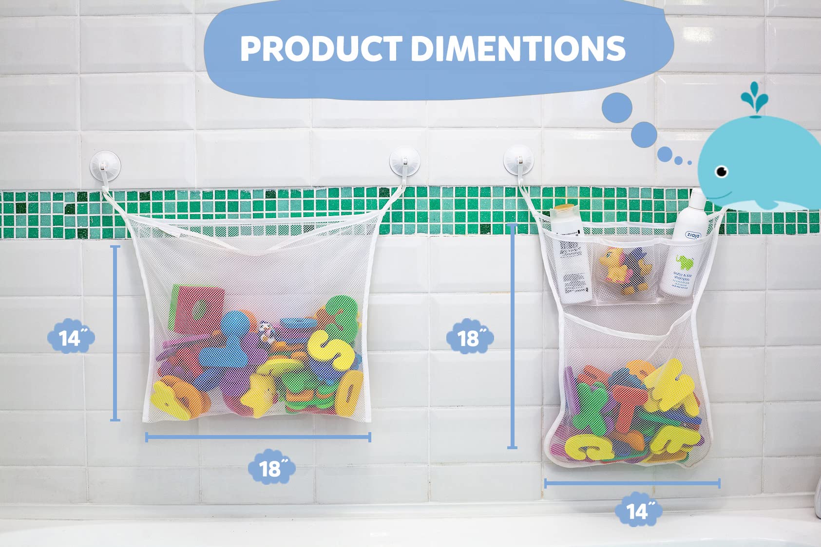 2-Pack Mesh Bath Toy Organizer with 8 Heavy-Duty Hooks – Space-Saving Bathtub Toy Holder & Shower Caddy for Kids – Multi-Use Storage Net Bags for Baby Bath Toys – Perfect for Bathroom, Nursery, and Travel Use