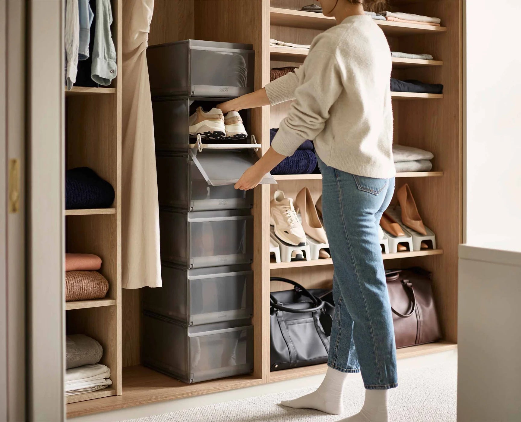 6-Piece Grey Shoe Storage Box Organizer - Stackable Clear Shoe Boxes for Closet, Sneaker Display & Shoe Collection Organization - Perfect for Bedroom, Dorm, or Entryway Storage