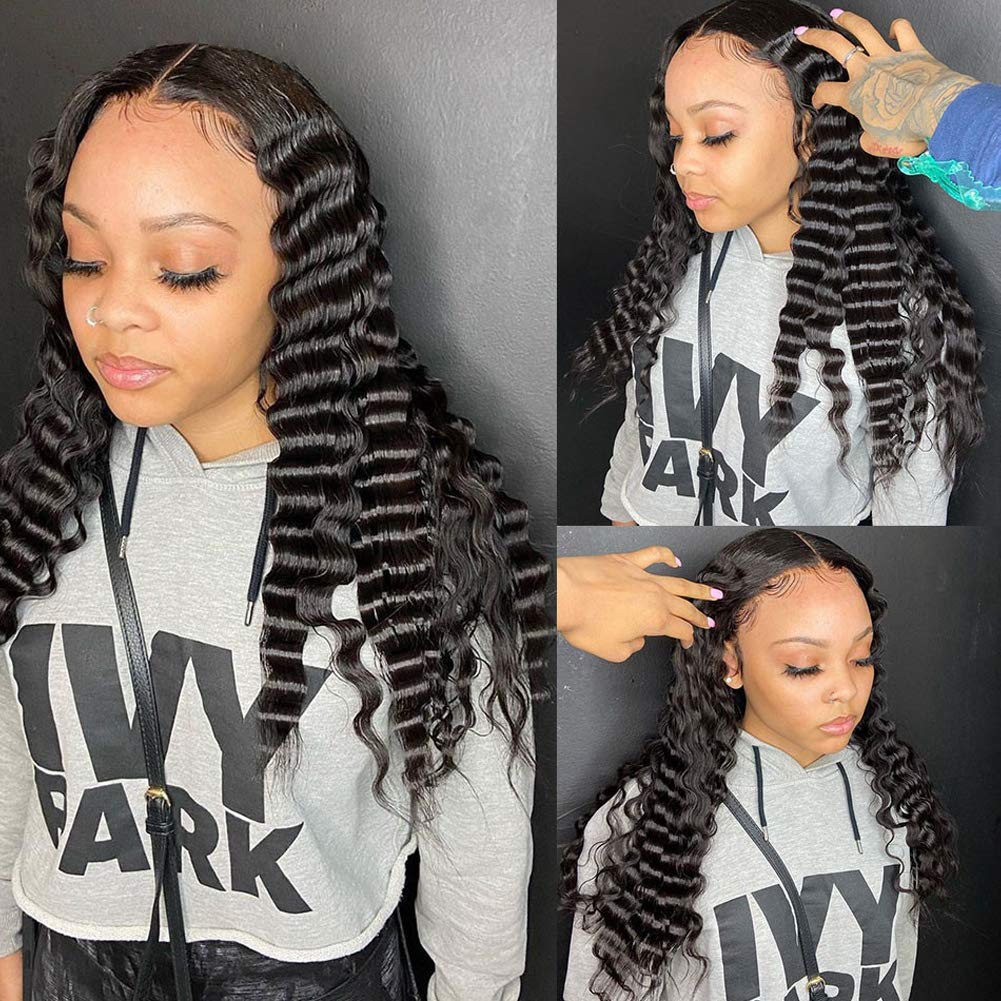 13x4 Deep Wave Lace Front Wig Human Hair - Pre Plucked Bleached Knots, Medium Cap, Natural Black Color | No Shedding 150% Density 12 Inch | Perfect for Daily Wear, Parties & Special Occasions