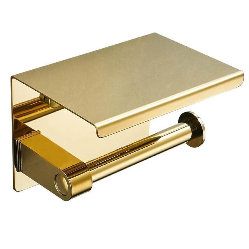 Stainless Steel Gold Double Roll Toilet Paper Holder with Phone Shelf - Wall Mounted Bathroom Tissue Dispenser for Modern Homes (A02) | Perfect for Small Bathrooms, Powder Rooms & RVs