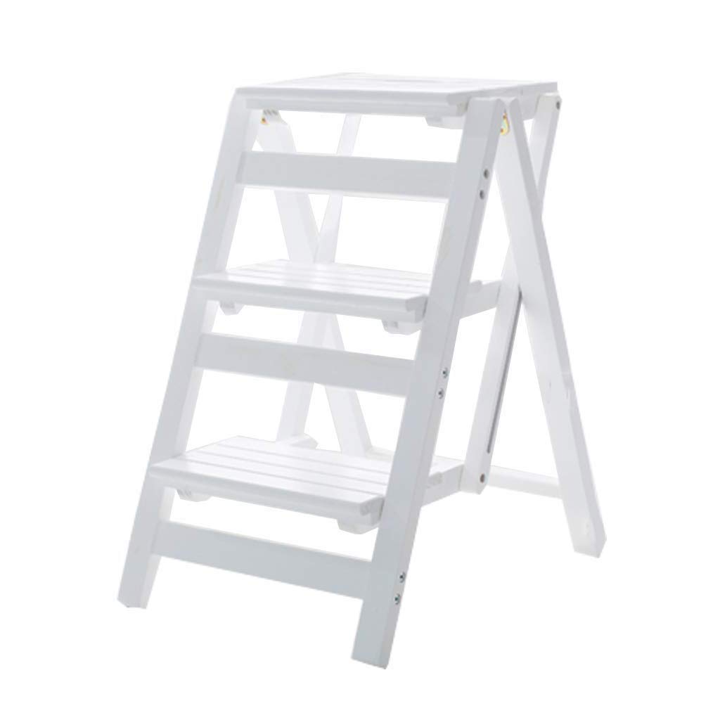 NEVKA Natural Wood Folding Step Stool - 3 Step Ladder, Portable Bookshelf, Home Library Stool with 150kg Capacity, White - Perfect for Home, Office, and Kitchen Use