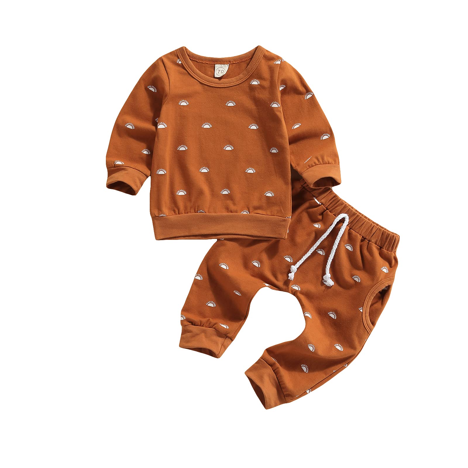 **Newborn Baby Boy & Girl 2-Piece Spring & Autumn Outfit Set – Sun Print Long Sleeve Crew Neck Pullover Sweatshirt & Pants (Brown Sun, 6-12 Months) – Perfect for Playdates, Family Photos & Casual Outings**