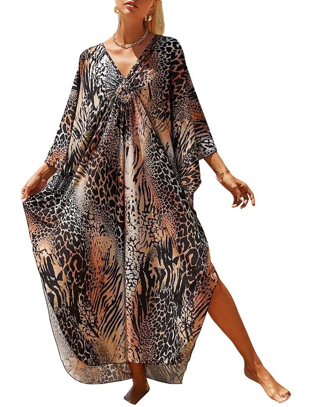 Bsubseach Women's Plus Size Animal Print Kaftan Dress - Beach Cover Up, Swimwear Wrap, Resort Wear for Summer Vacation & Poolside Lounging