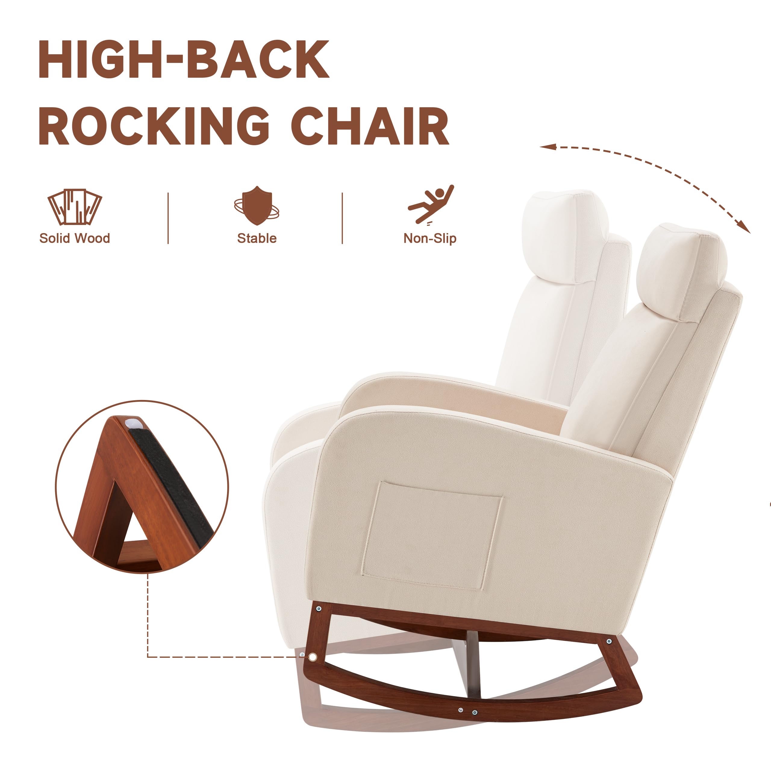 Comfortable Nursery Rocking Chair with Footrest & High Back - Baby Glider Rocker for Nursing, Nursery or Living Room - Soft Linen Beige Upholstery - Perfect for Breastfeeding, Reading & Relaxing