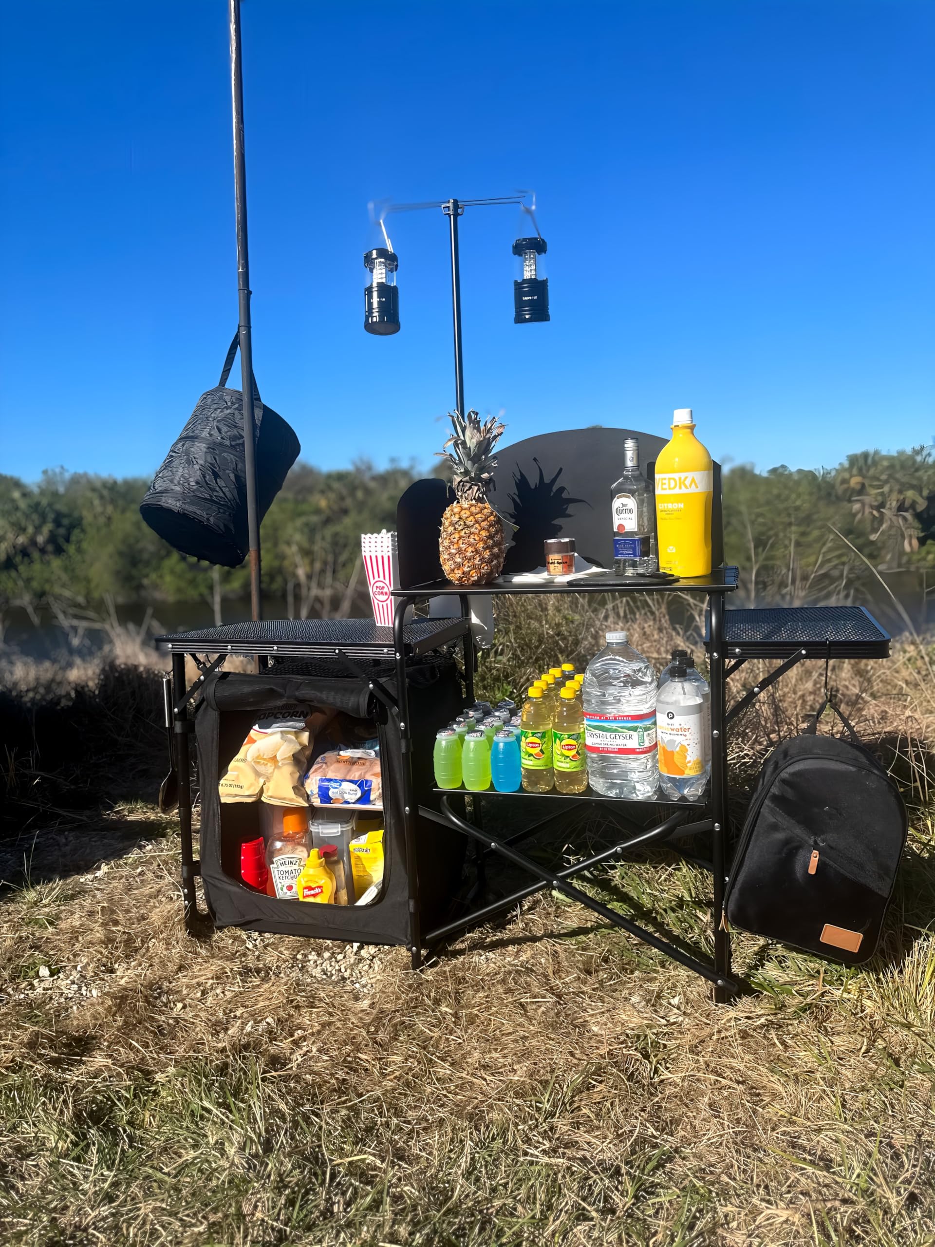 Premium Portable Camping Kitchen Station - Foldable Picnic Table & Grill Stand with Light & Windshield - Compact Cooking Organizer for Outdoor, Beach, BBQ & Tailgating - Includes Carry Bag (Black)