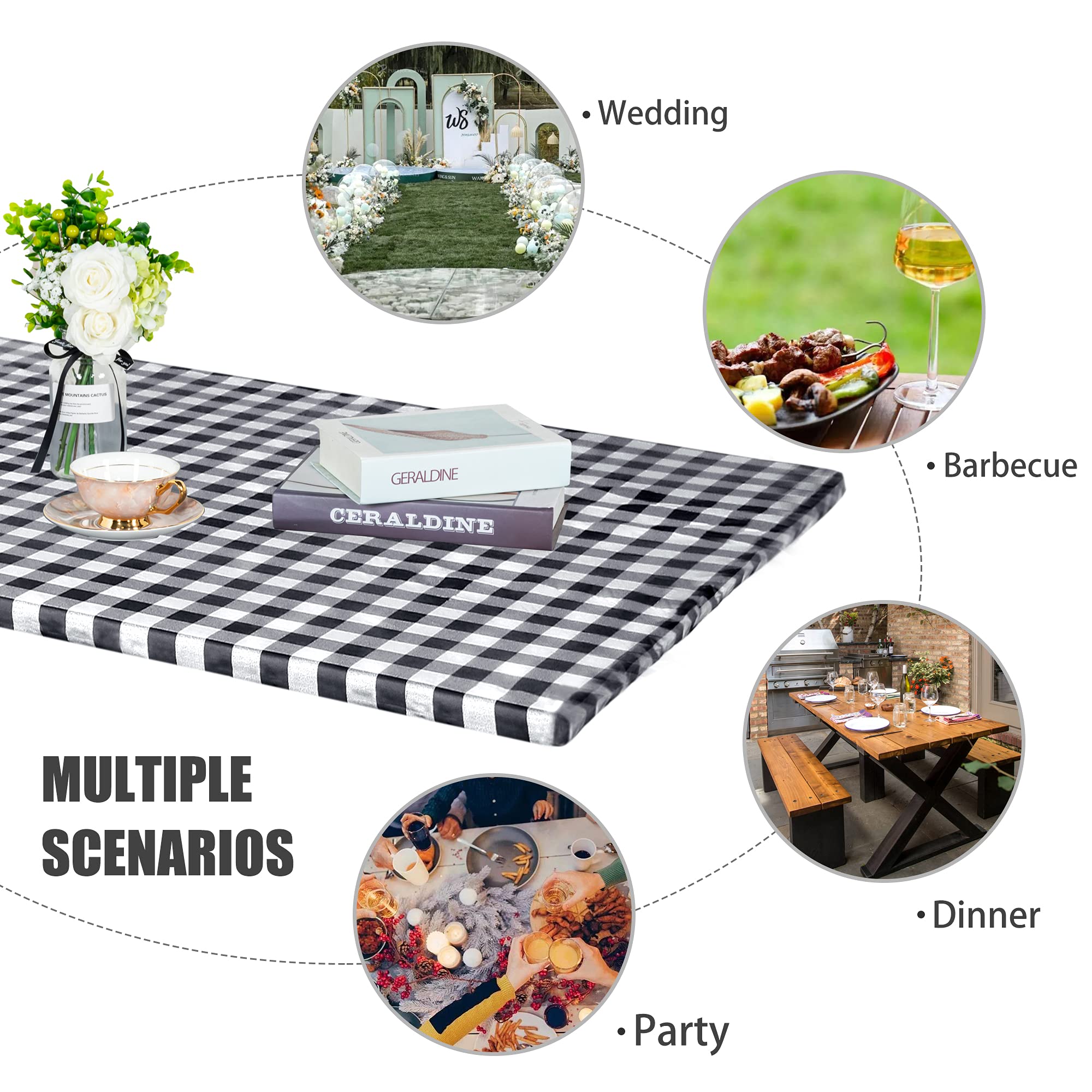 Fitable Black and White Checkered Tablecloth - 30x96 Inch Waterproof Vinyl Picnic Table Cover with Elastic & Flannel Backing - Rectangle Outdoor Tablecloth for 8 Foot Folding Tables - Perfect for BBQs, Picnics, Parties and Outdoor Dining