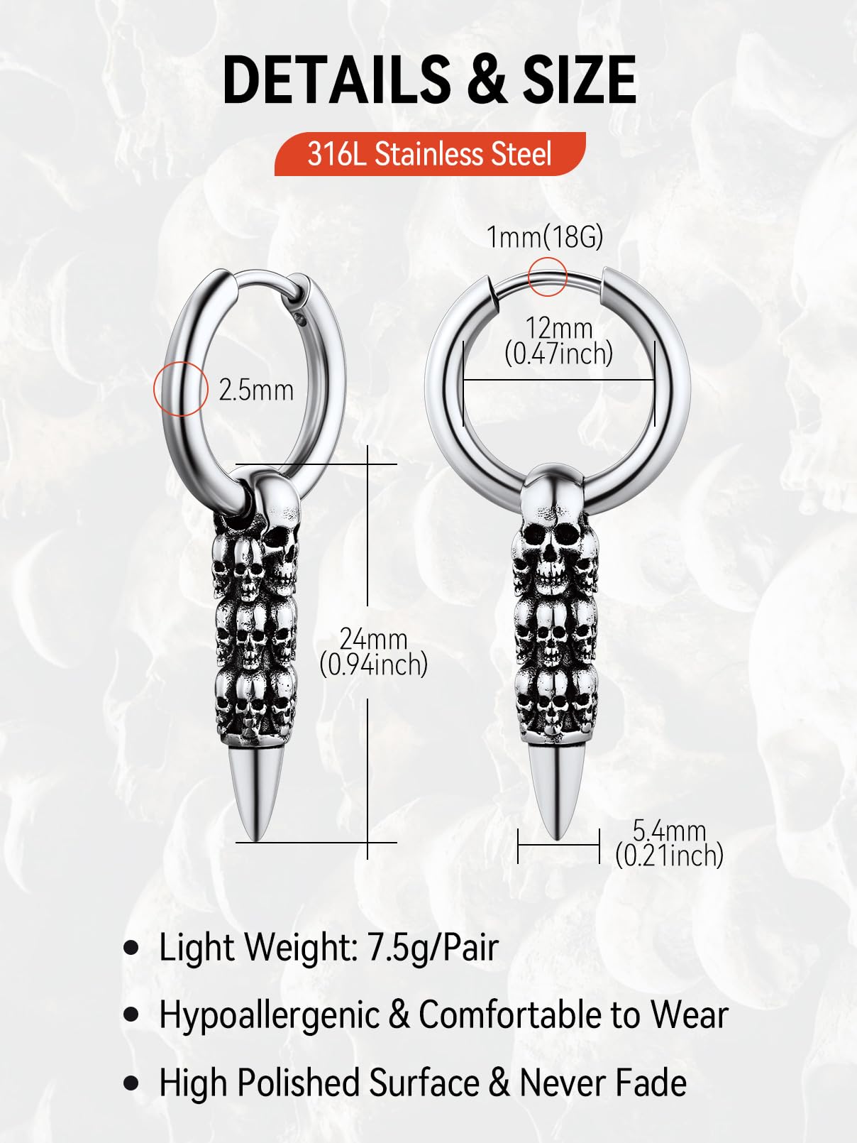 Gothic Skull Earrings for Men - Punk Skull Stud & Hoop Earrings in Stainless Steel & Black - Cool Halloween Jewelry with Gift Box - Perfect for Punk Fashion, Gothic Style & Halloween Costumes