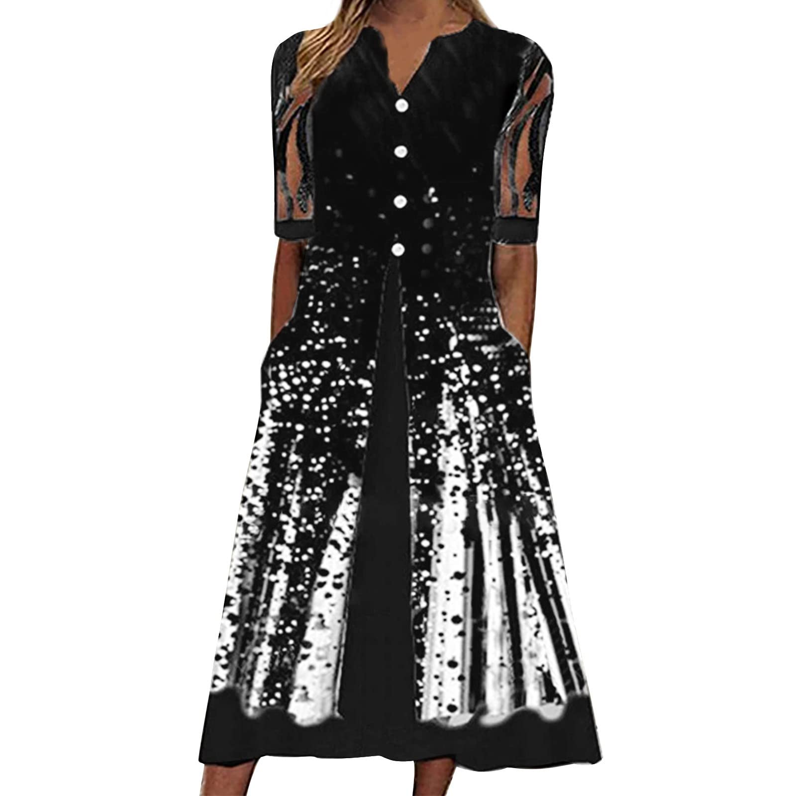 Women's Casual Summer Stripe Button-Down V-Neck Sleeveless Midi Dress with Pockets - Floral Beach Party & Holiday Outfit for Vacation, Date Night, and Outdoor Events