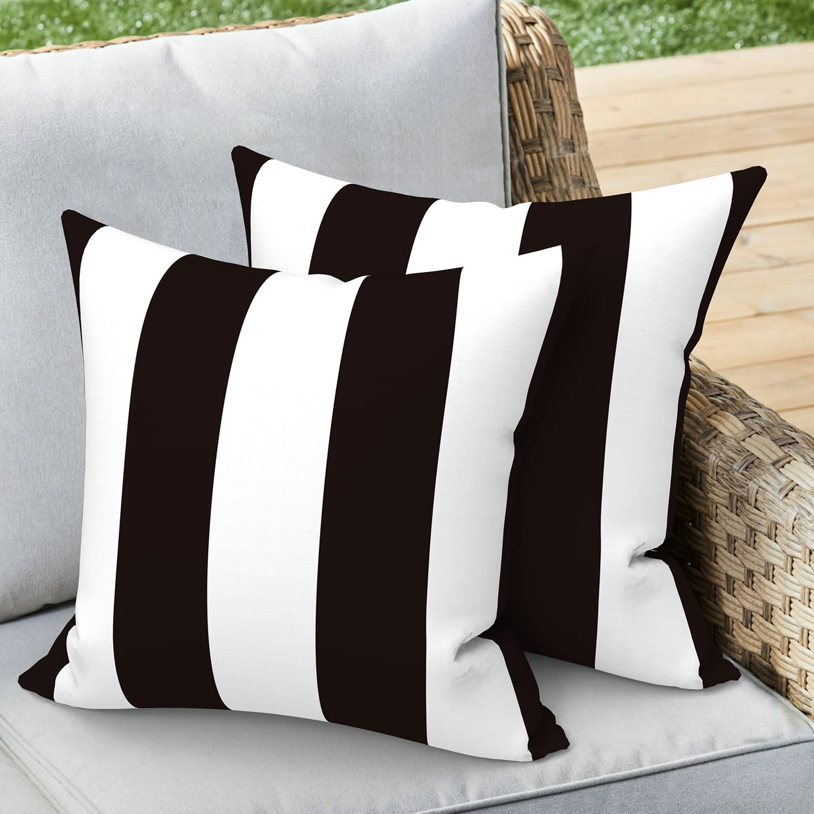 Premium 16x16 Inch All-Weather Square Throw Pillow Covers Set of 2 - Indoor/Outdoor Decorative Pillow Cases for Sofa, Patio, Cabana & Home Furniture - Cabana Black Design - Perfect for Living Room, Garden & Poolside Relaxation